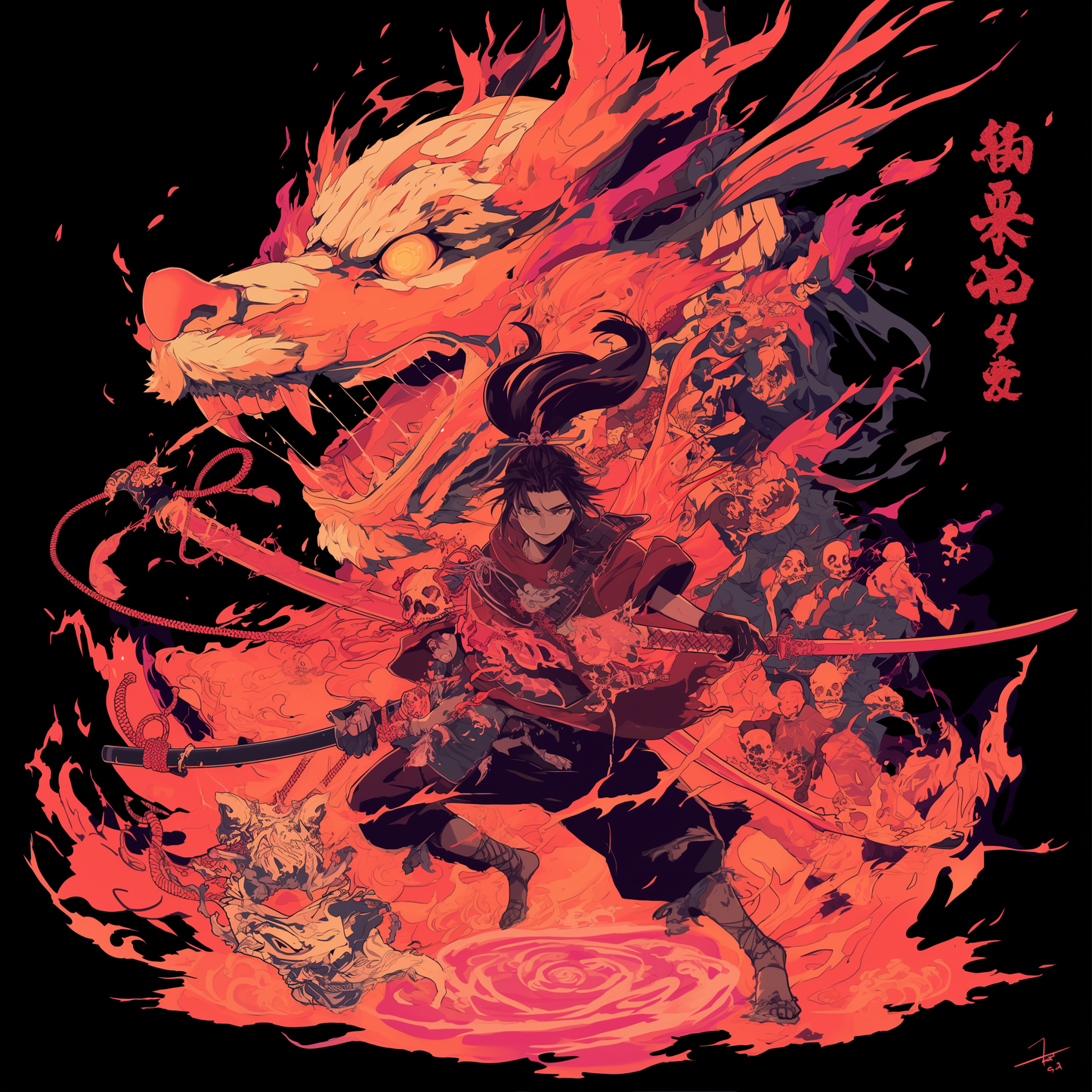 Red Screen Sword Dragon Yokai Samurai Water floor Unisex Tee