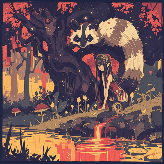 Cottage Core Anime Girl Racoon Lake Sunset Mushroom Shroom Twilight Red Sepia FamiliarUnisex Tee
