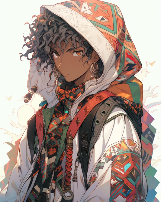 Hooded Anime Gypsy Man Tan Curly Hair Steam Punk Futuristic Unisex Tee