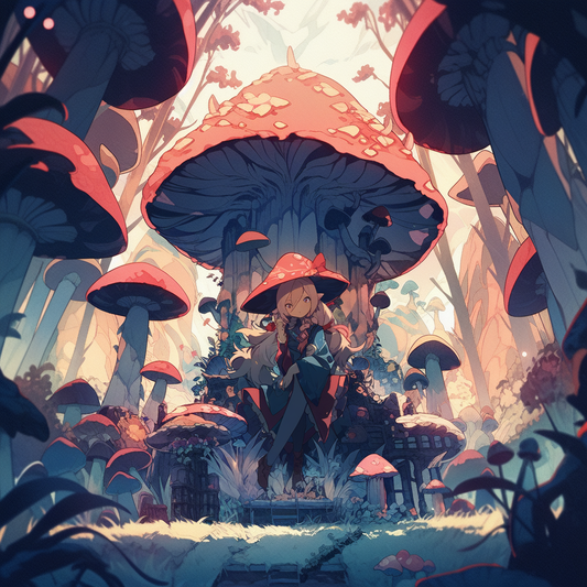 Sitting Girl Anime Shroom Hat Goth Lolita Woodsy Forest Cottagecore Bright light Shade Shadow Unisex Tee