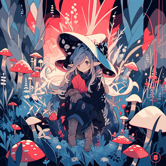 Enchanting Anime Elven Witch in Psychedelic Forest - Riding Shroom Cottage Core girl Uni Tee - UV Reactive Shirt