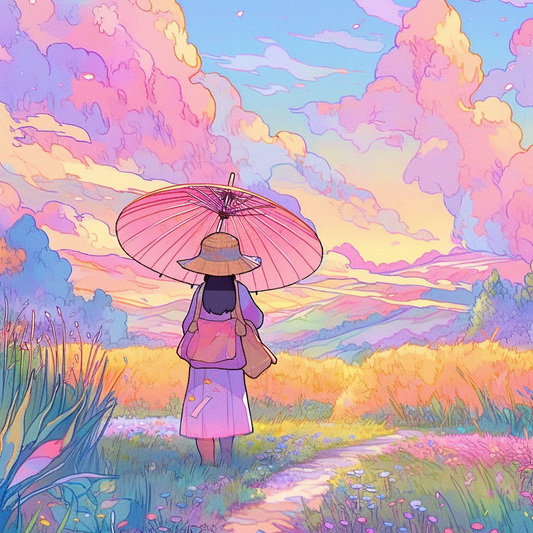 Umbrella Pastel Cottage Girl Scene Back Anime Field Unisex Tee