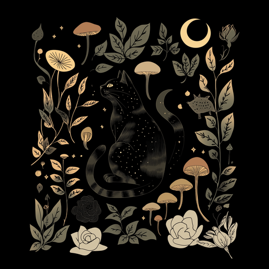 Black Cat Crescent Moon Cottagecore Witchycore Tiled Tee