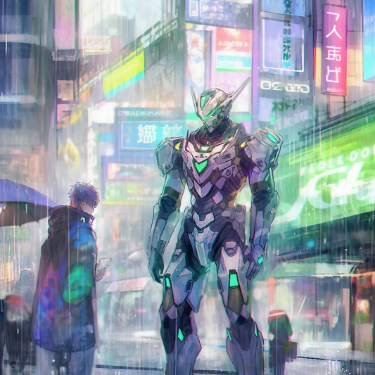 Meca City Scape Pastel anime Rain Neon Uv Grey Cloak Boy Unisex Tee