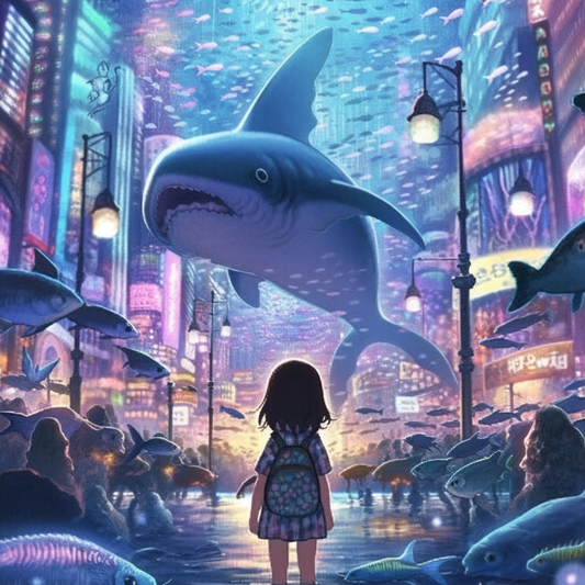 Watercolor Shark City Onlooker Girl Anime Pastel Rain Scene Unisex Tee