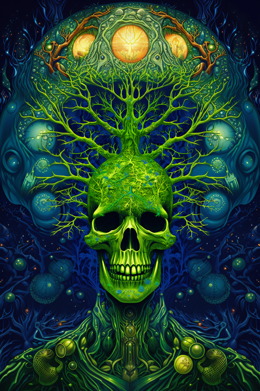 Green Alien SkelaTree Skull Fractal Unisex Tee