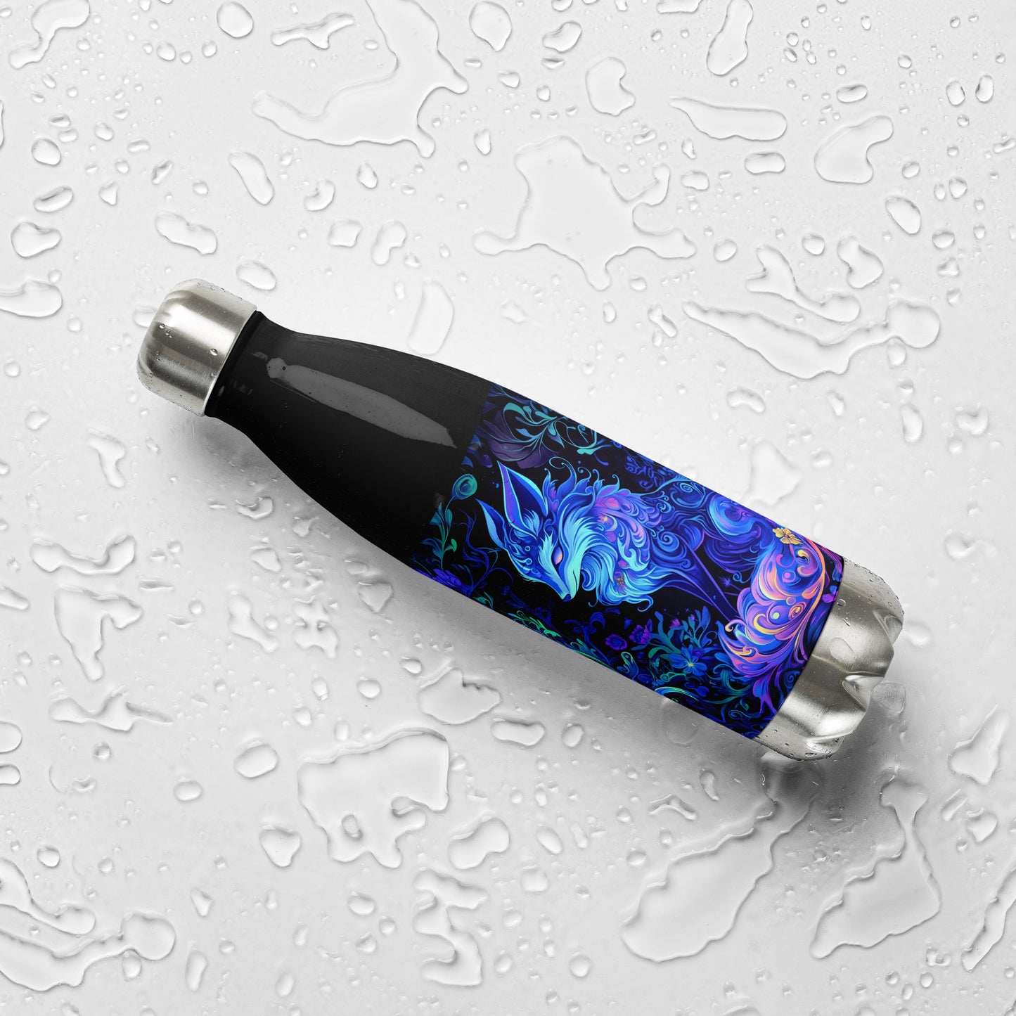 Blue UV Fox Swirl Enchanted Wonderland Forest Stainless steel water bottle