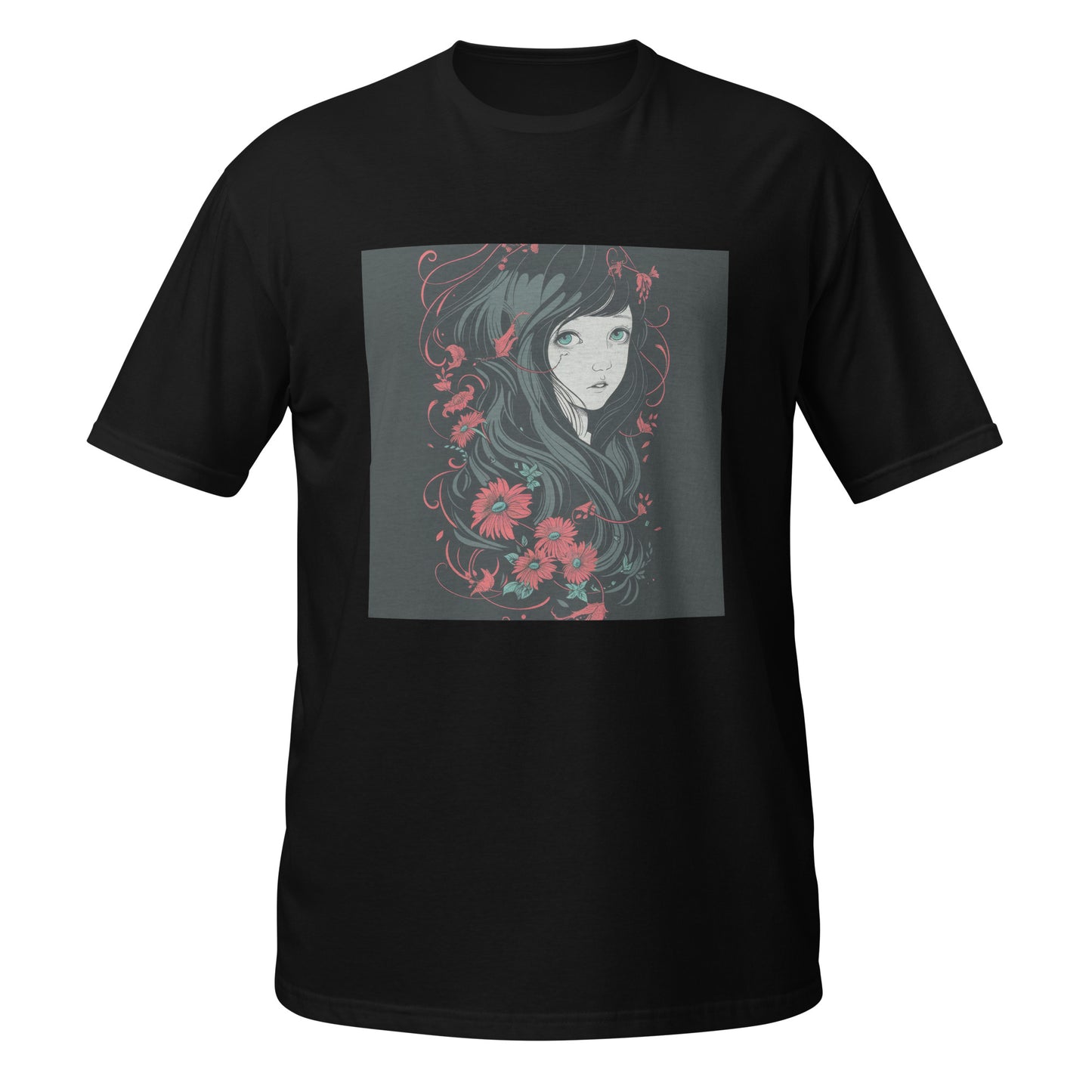 Black Charcoal Grey Floral Girl Profile Anime Unisex Tee