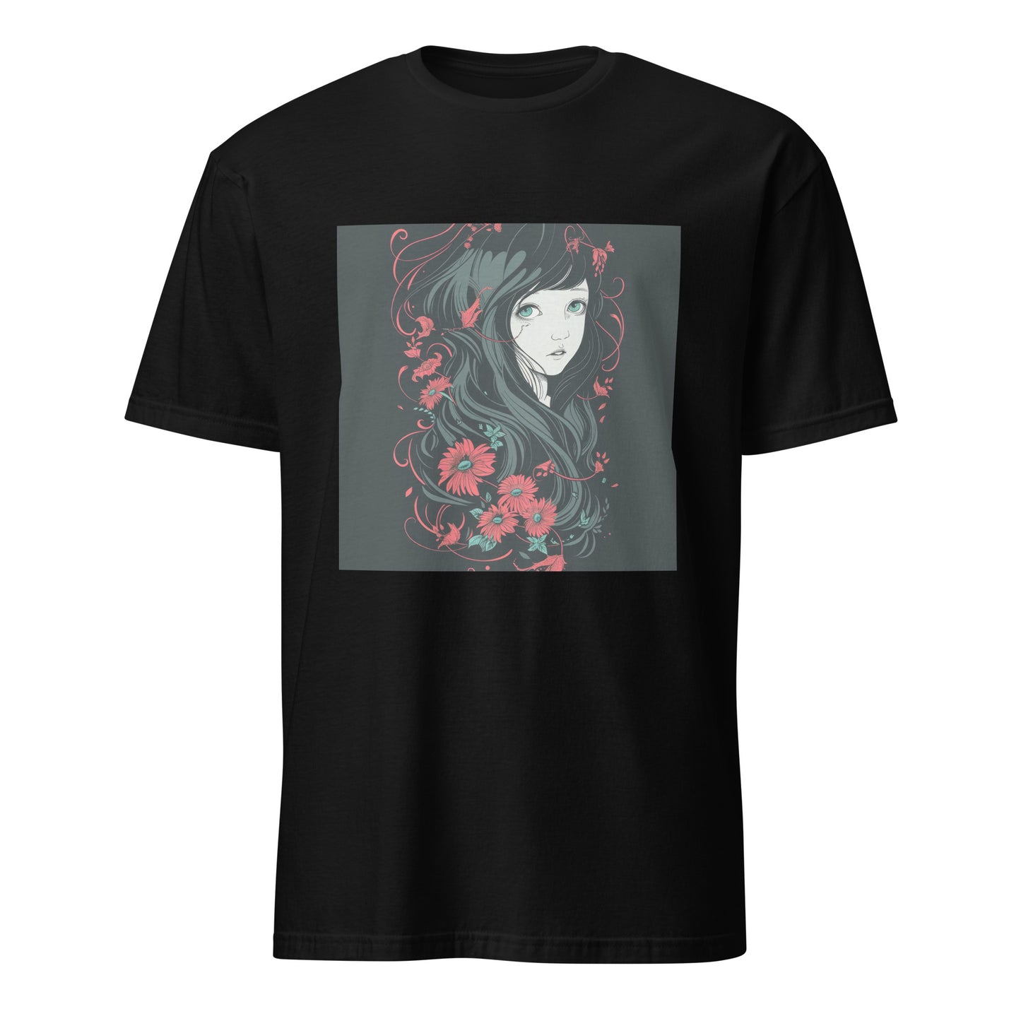 Black Charcoal Grey Floral Girl Profile Anime Unisex Tee