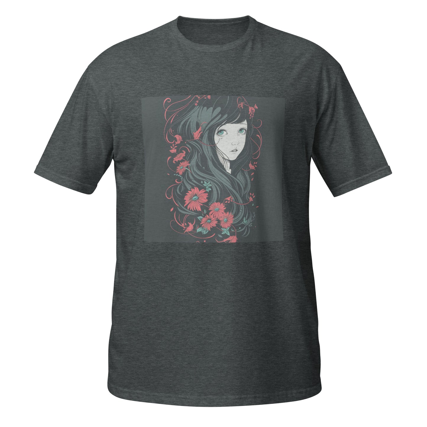 Black Charcoal Grey Floral Girl Profile Anime Unisex Tee