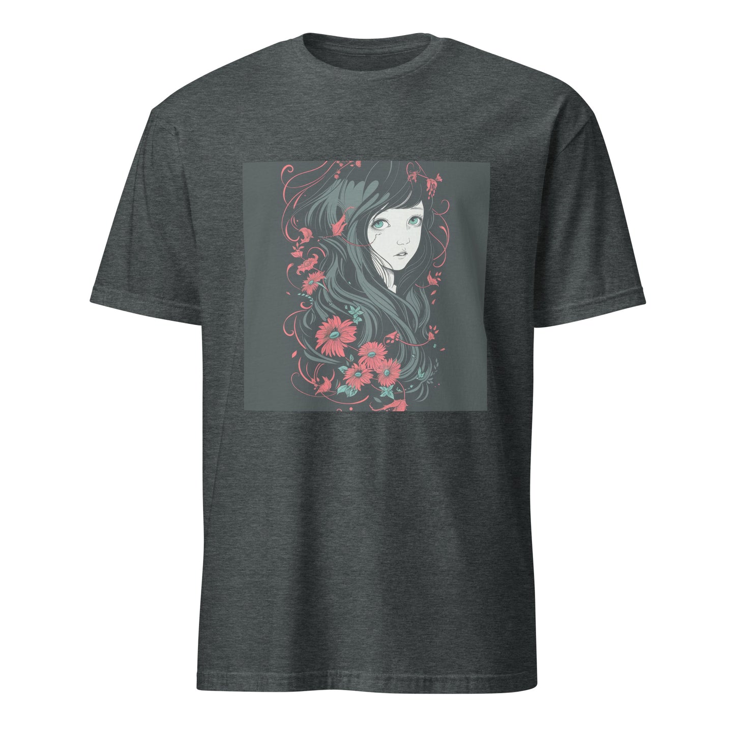 Black Charcoal Grey Floral Girl Profile Anime Unisex Tee