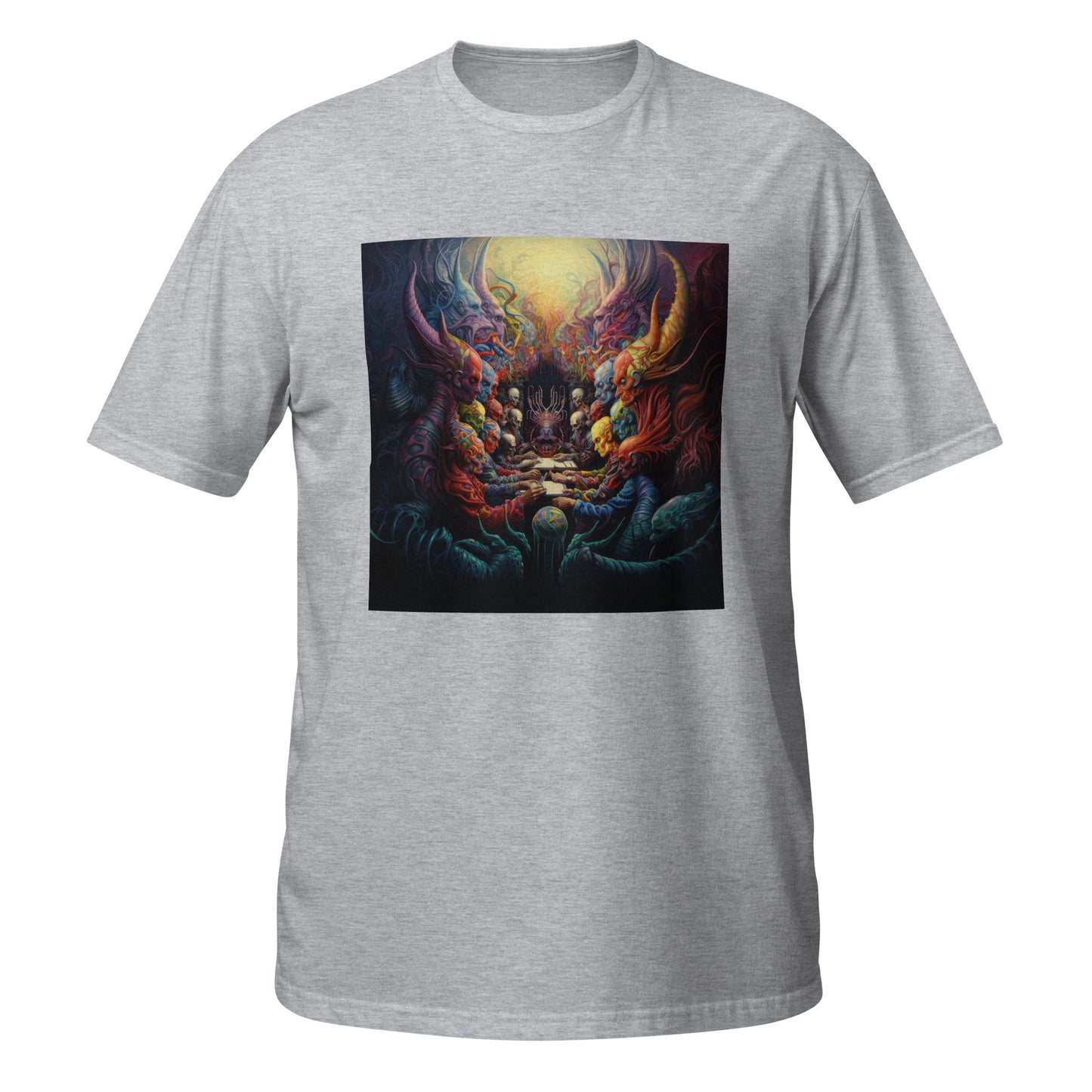 Alien DMT Entities at Table Unisex Tee – Psychedelic Sci-Fi Graphic T-Shirt on Soft Cotton