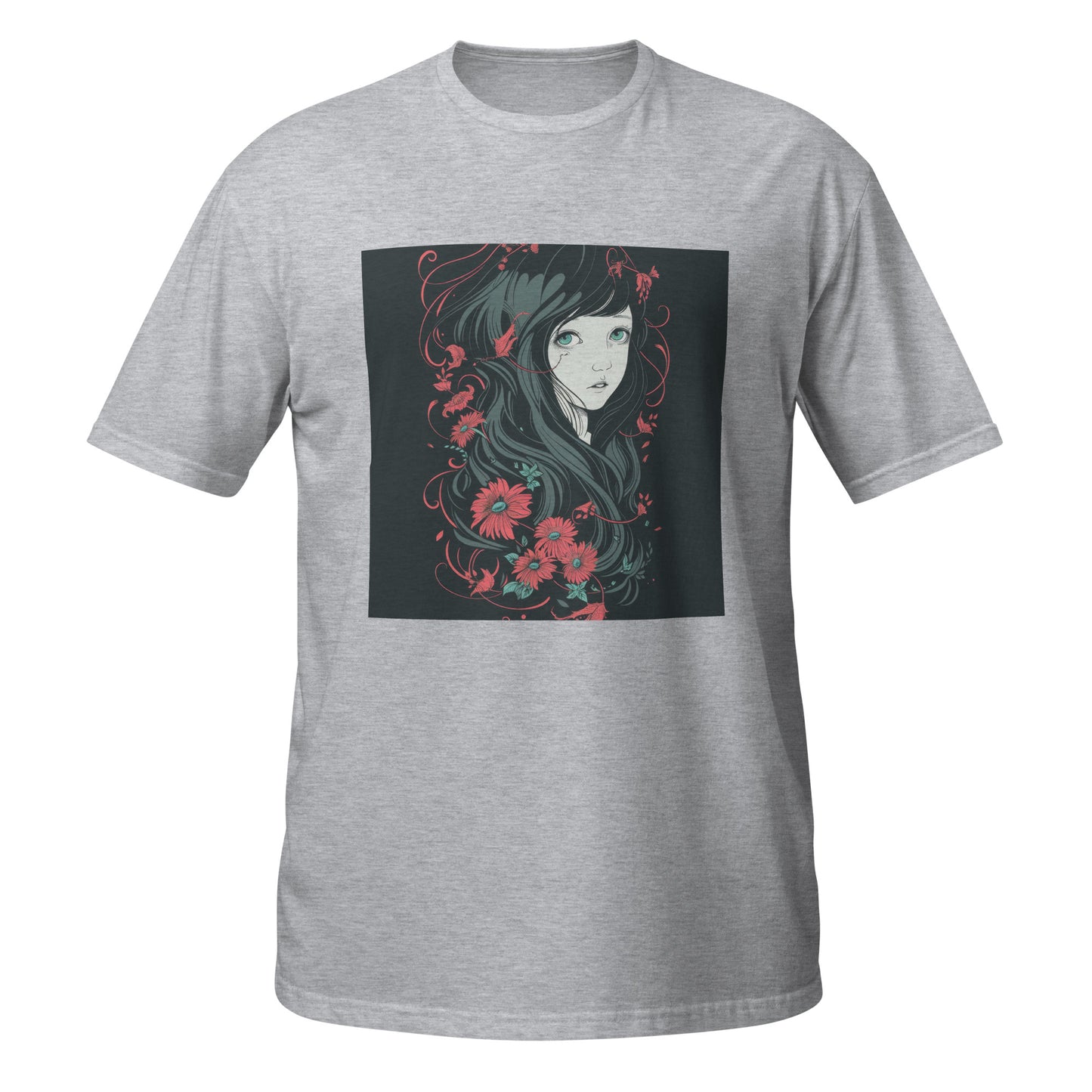 Black Charcoal Grey Floral Girl Profile Anime Unisex Tee