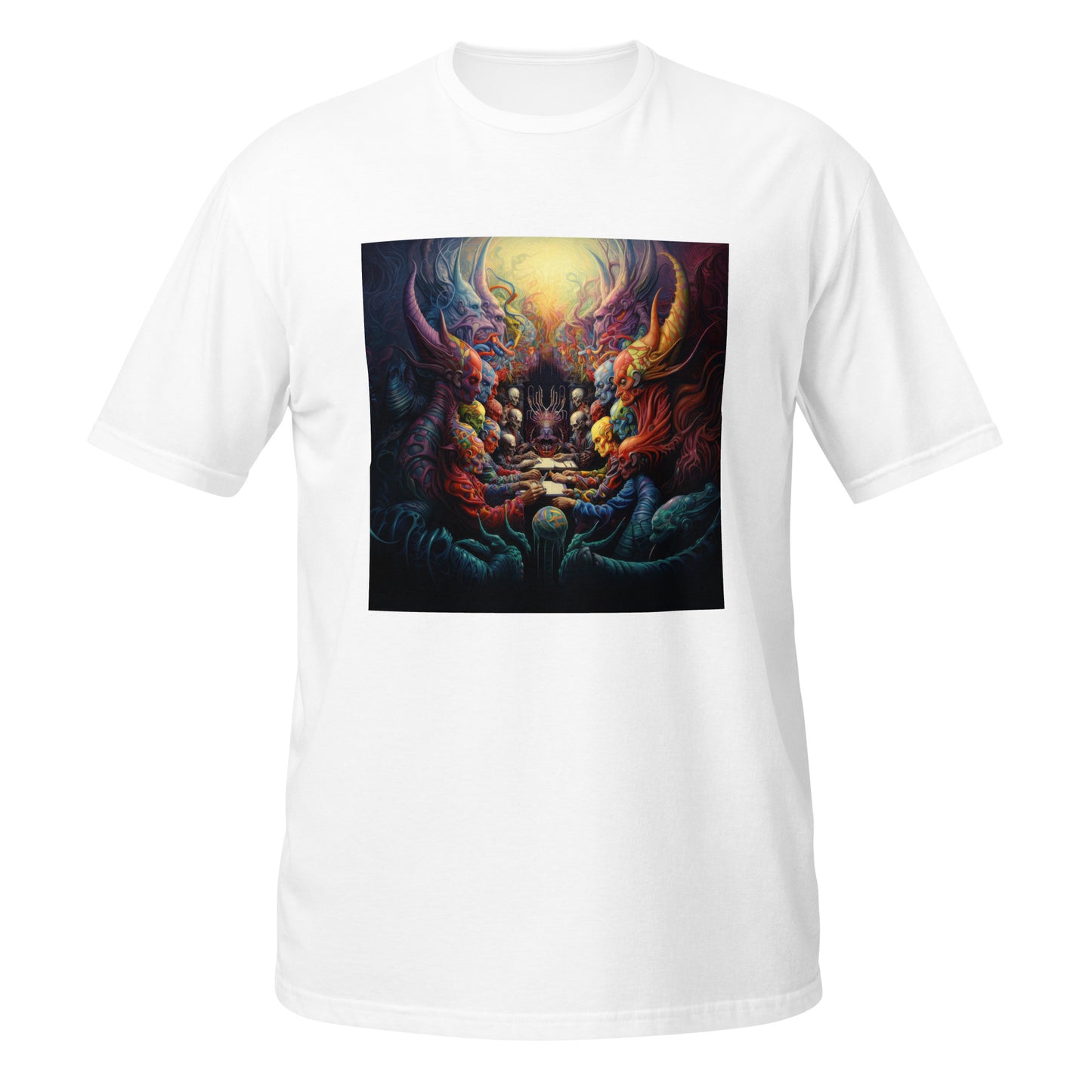 Alien DMT Entities at Table Unisex Tee – Psychedelic Sci-Fi Graphic T-Shirt on Soft Cotton