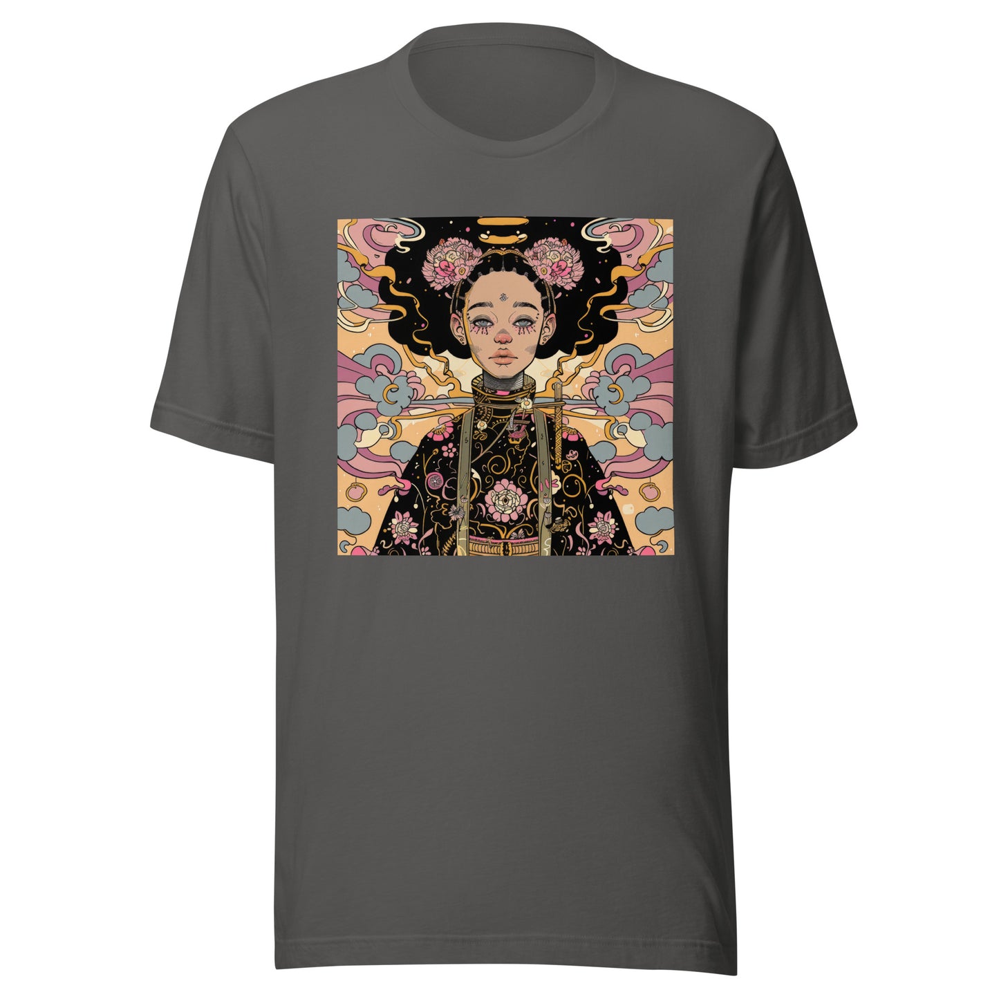 Afro-Japan Kimono Floral Unisex Tee – Beige & Pink Graphic T-Shirt on Soft Bella+Canvas Cotton