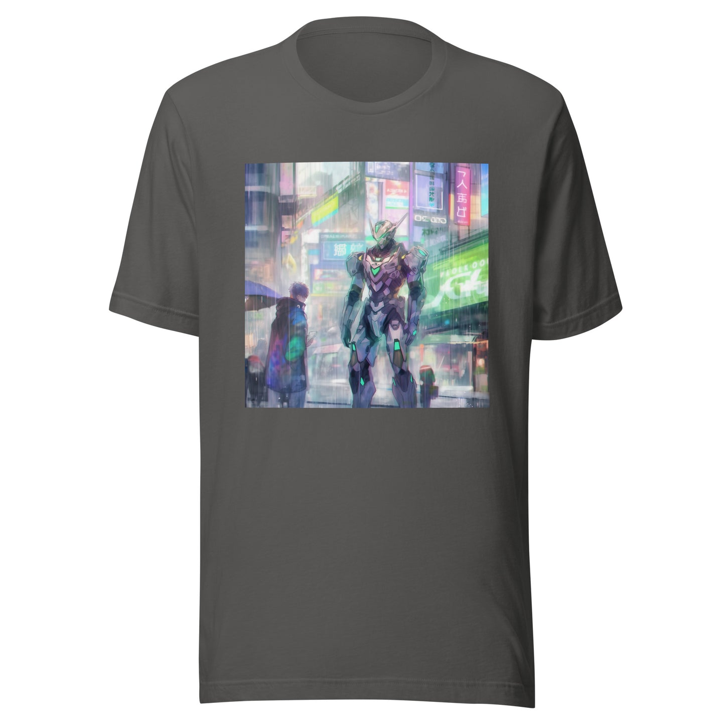 Meca City Scape Pastel anime Rain Neon Uv Grey Cloak Boy Unisex Tee