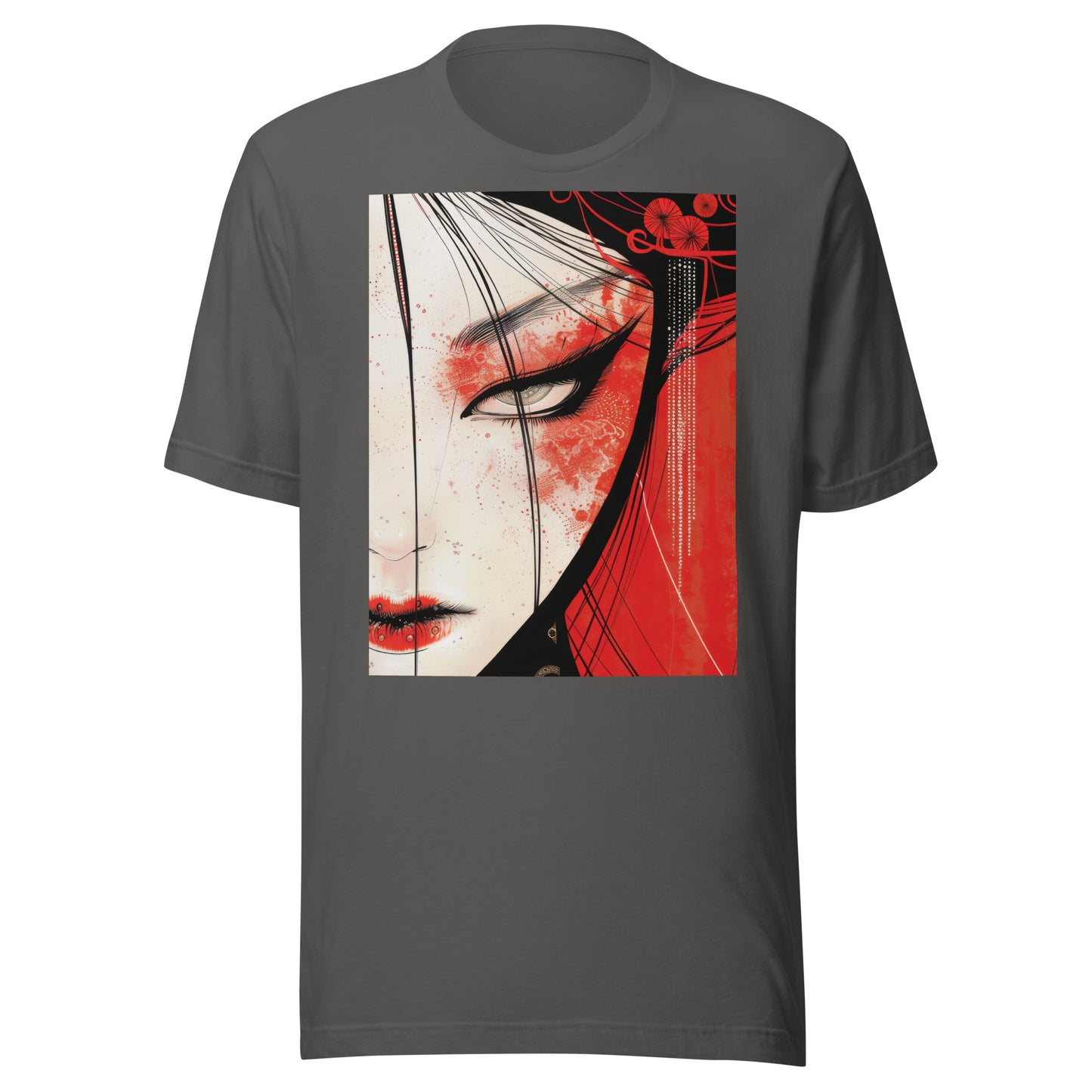 Red Face Geisha Stark Anime Yokai Close up Profile Unisex Tee