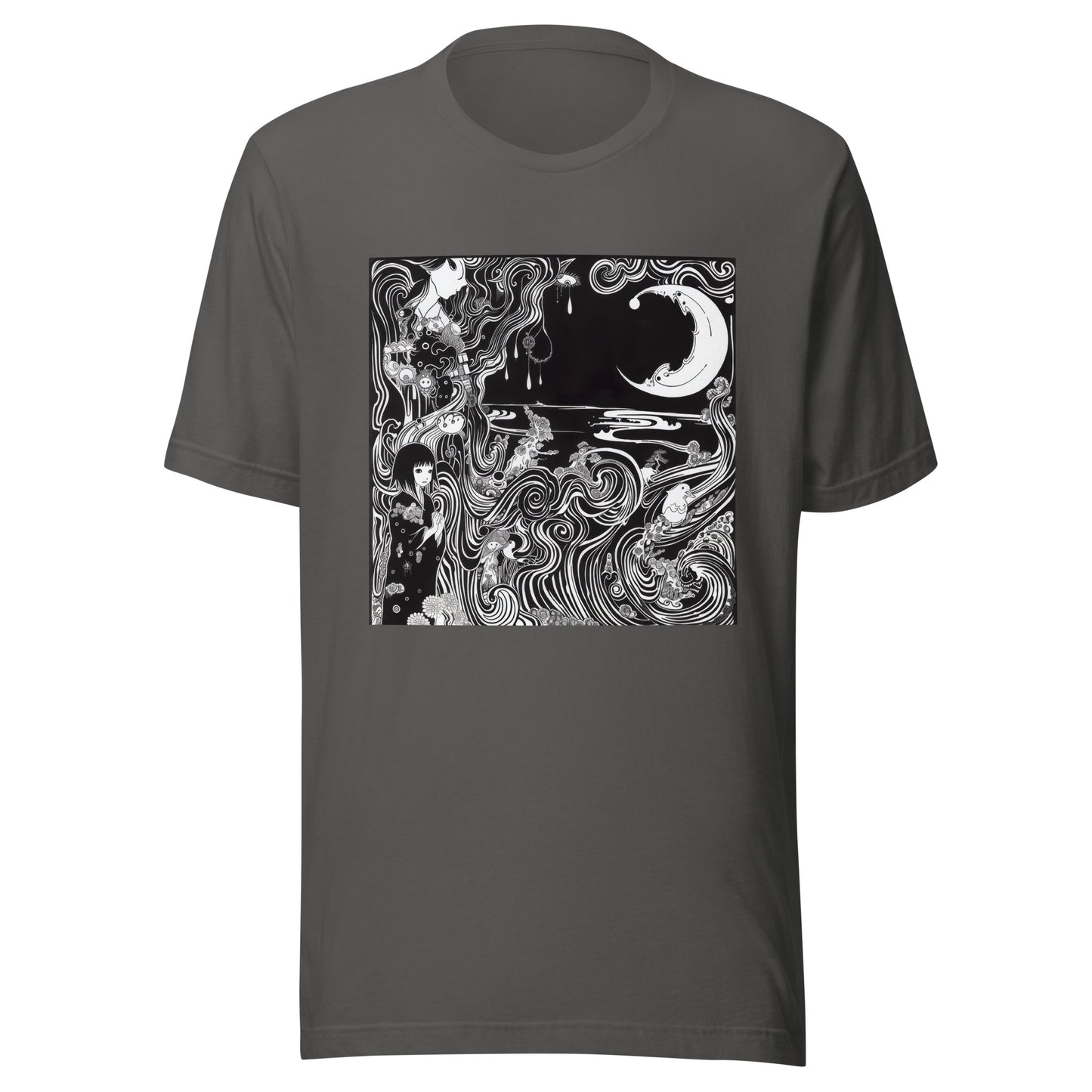 Black White Horror Crescent Moon Swirl Storybook Anime Scene Unisex Tee