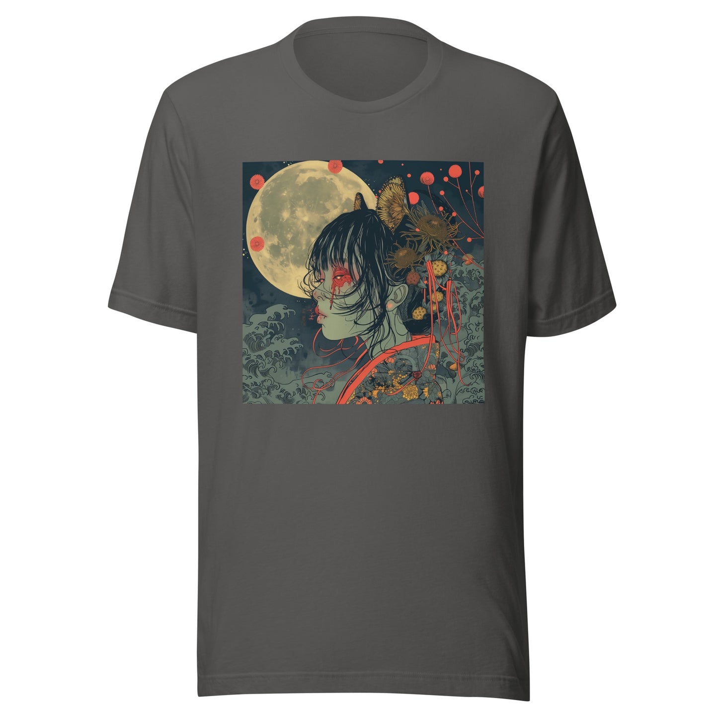 Teal Grey Moon Lady Floral Anime Waves Unisex Tee