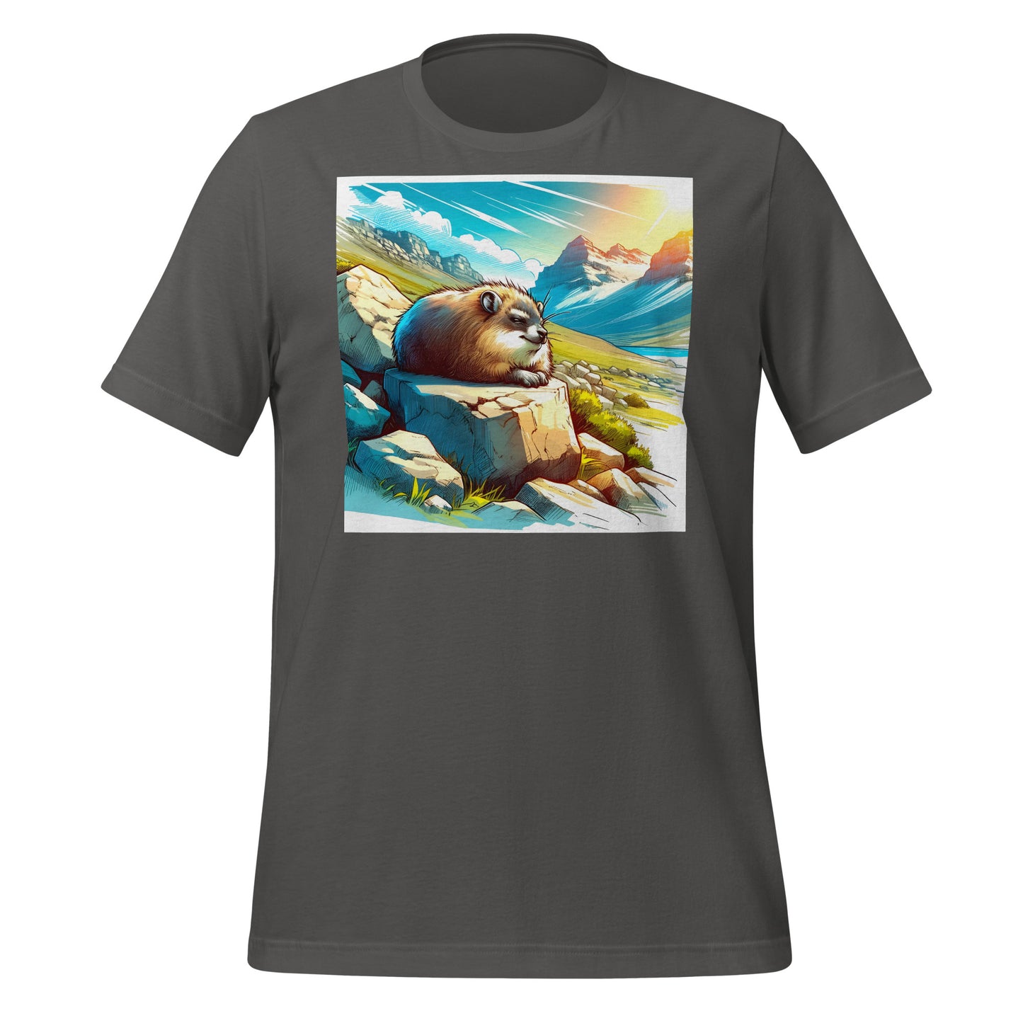 Blue Skies Anime Hyrax Unisex Tee – Soft Bella+Canvas T-Shirt with Cloudy Rockscape Art