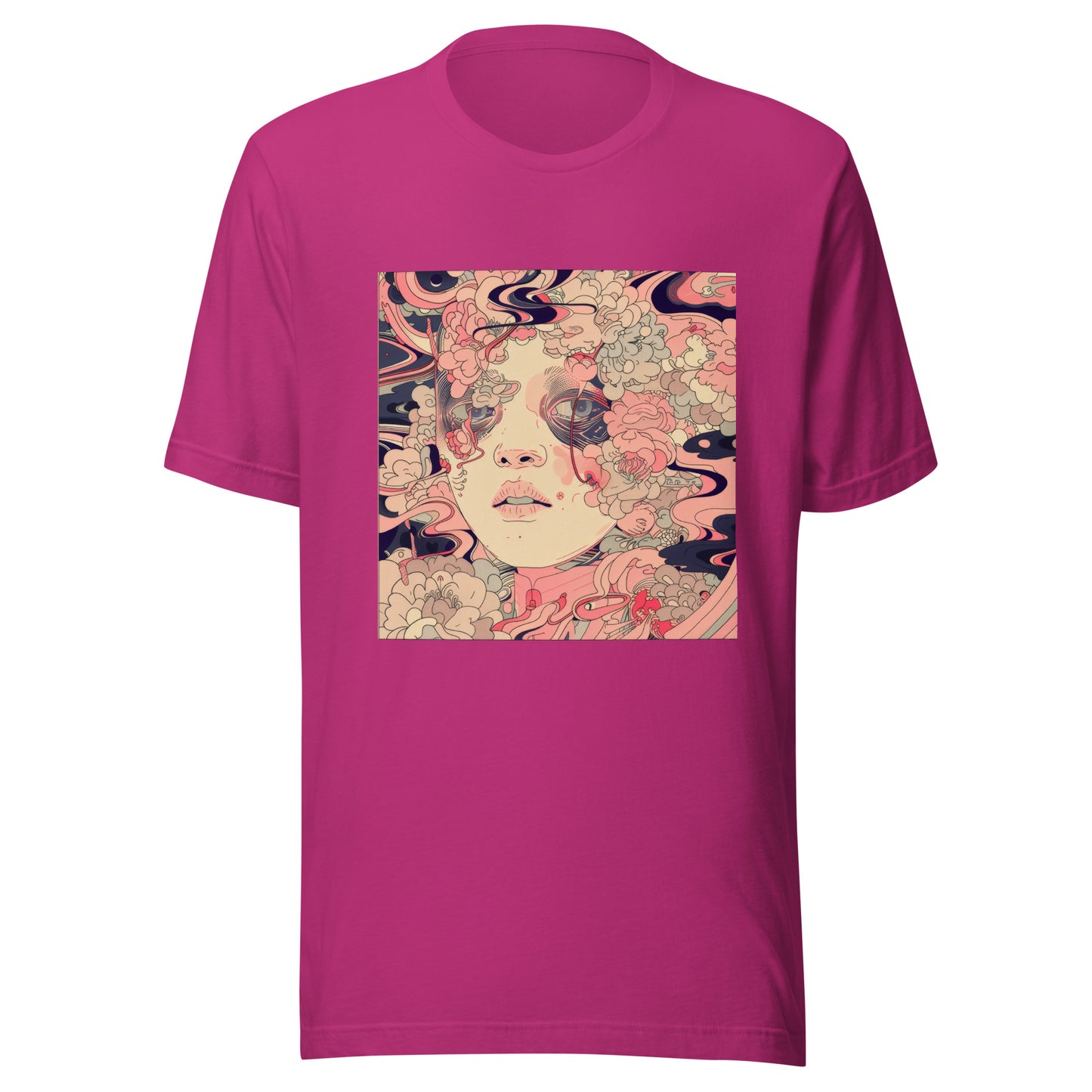 Pink Floral Swirl Face Boho Avant Anime Unisex Tee