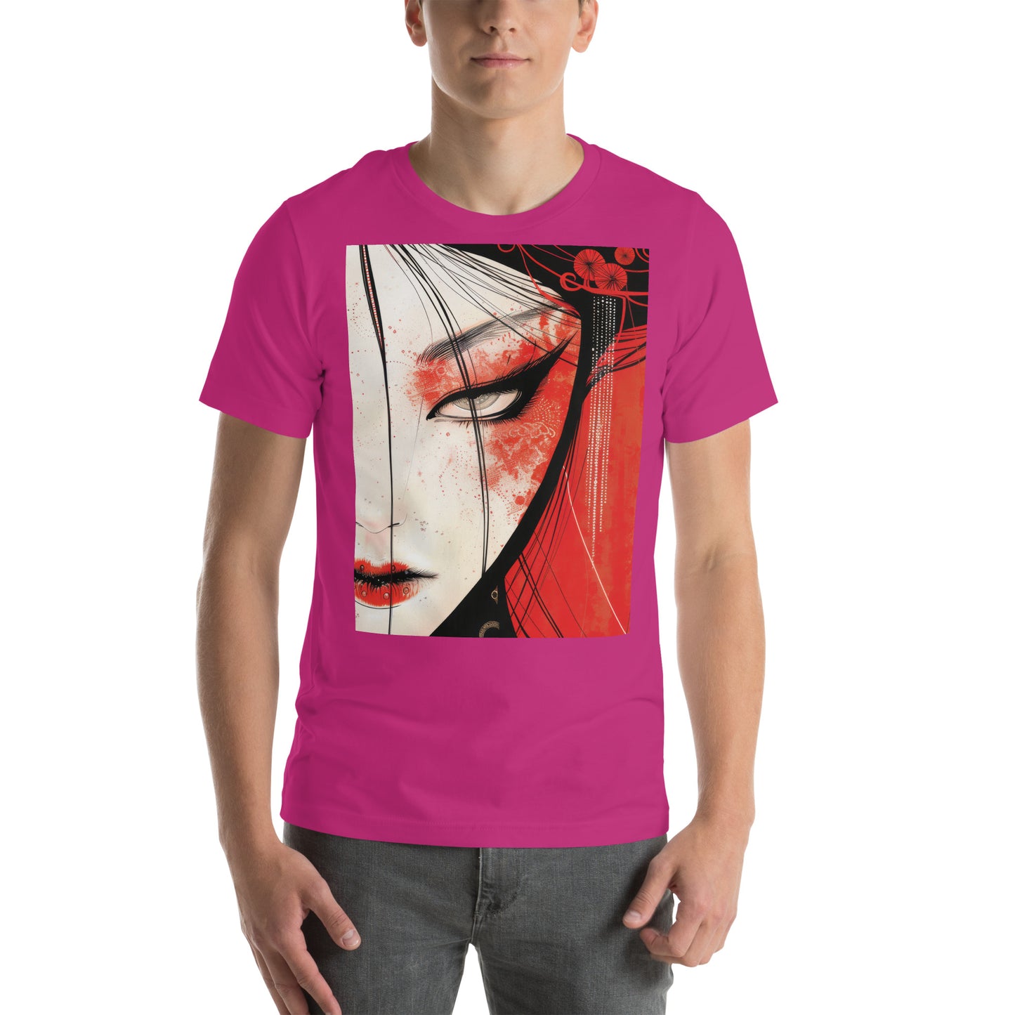 Red Face Geisha Stark Anime Yokai Close up Profile Unisex Tee
