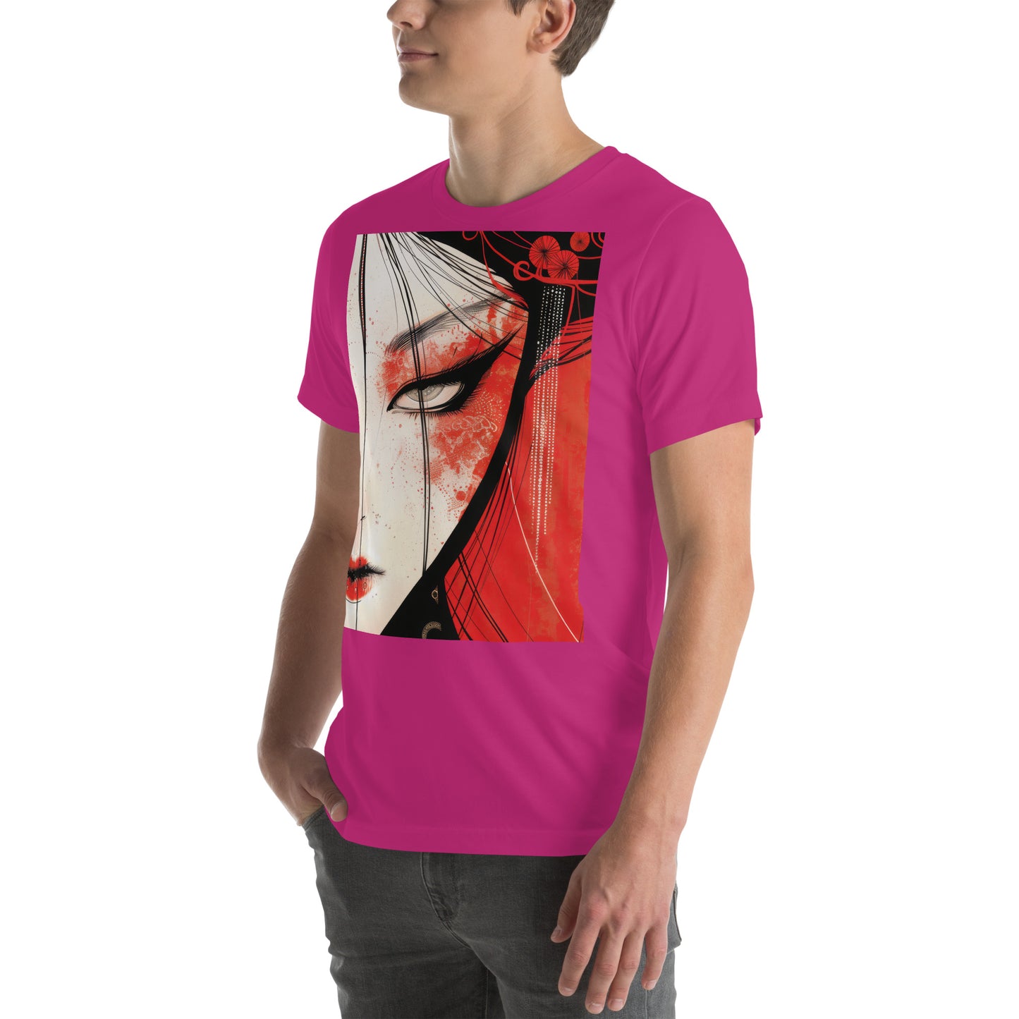 Red Face Geisha Stark Anime Yokai Close up Profile Unisex Tee