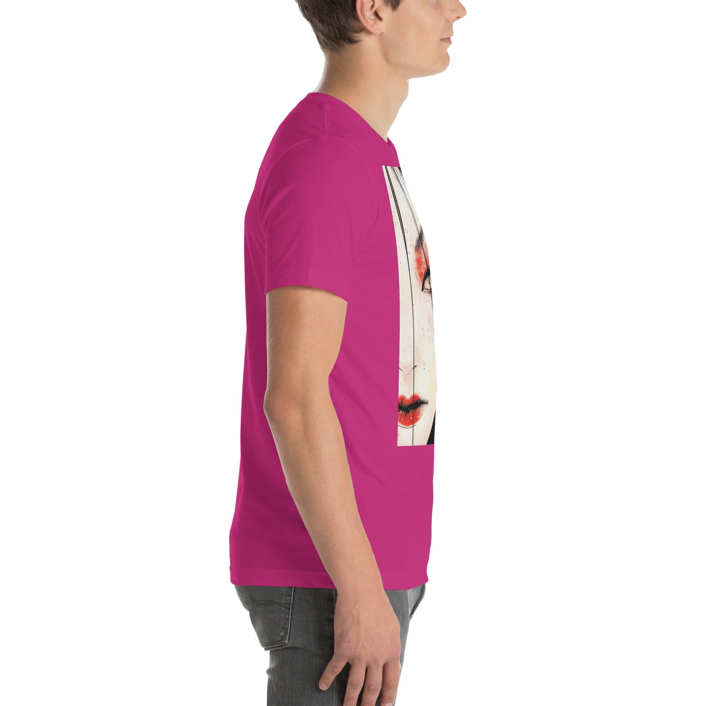 Red Face Geisha Stark Anime Yokai Close up Profile Unisex Tee