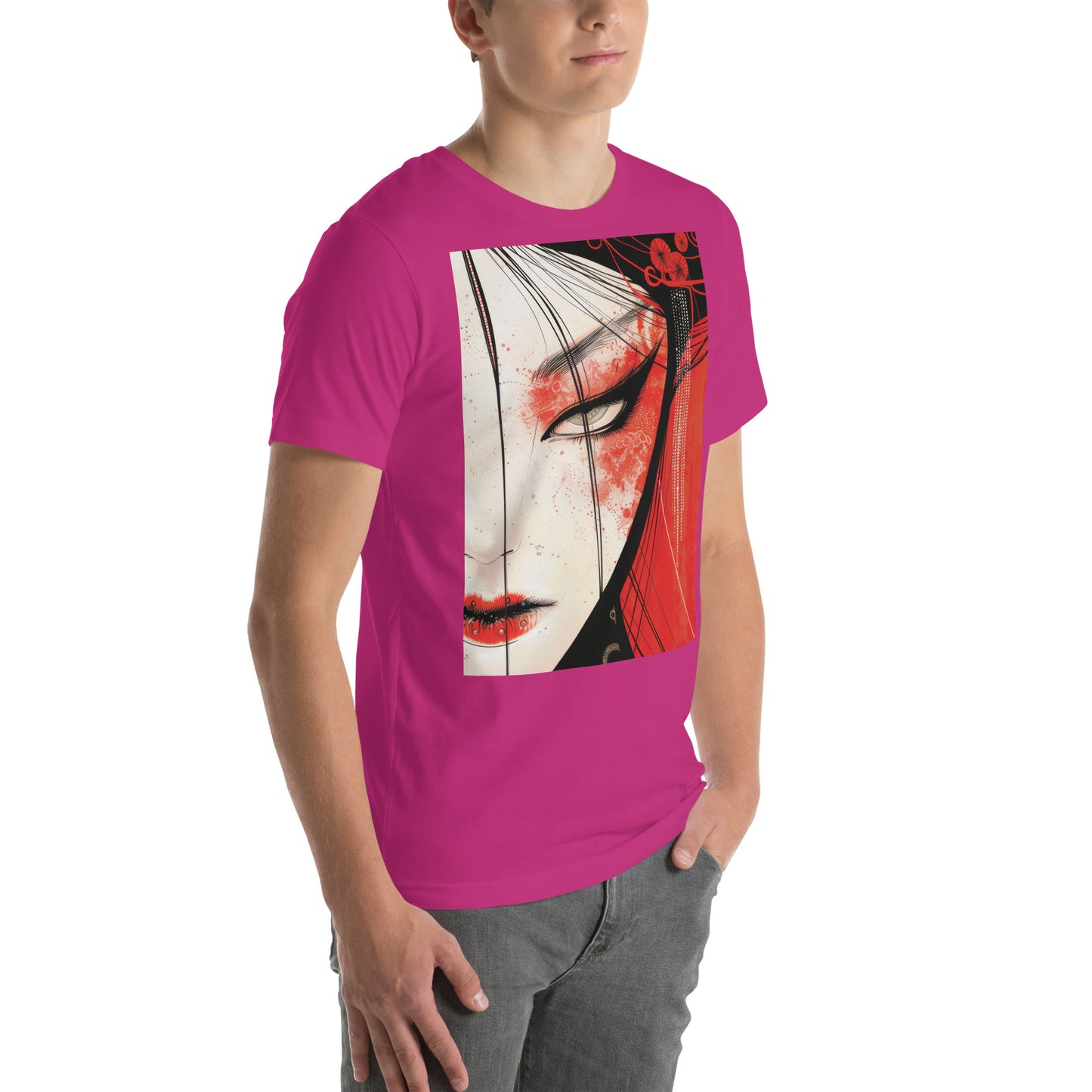 Red Face Geisha Stark Anime Yokai Close up Profile Unisex Tee