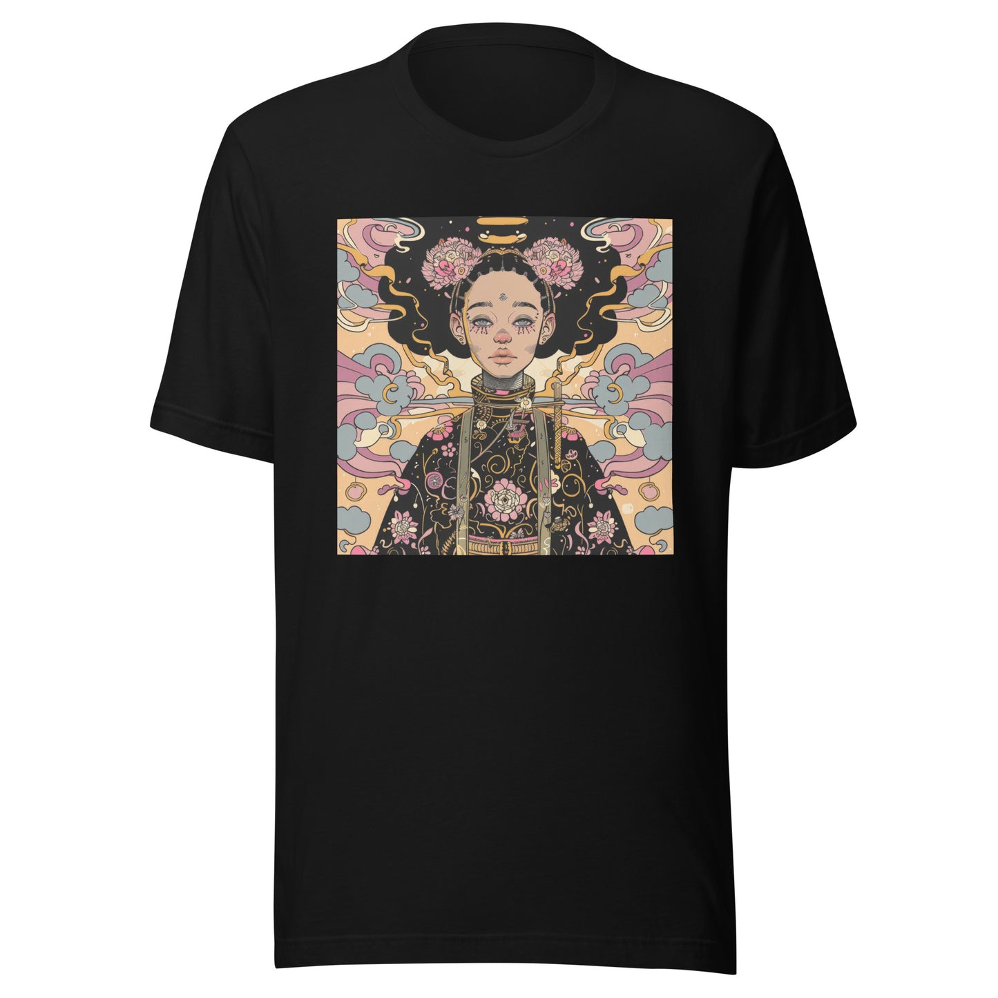 Afro-Japan Kimono Floral Unisex Tee – Beige & Pink Graphic T-Shirt on Soft Bella+Canvas Cotton