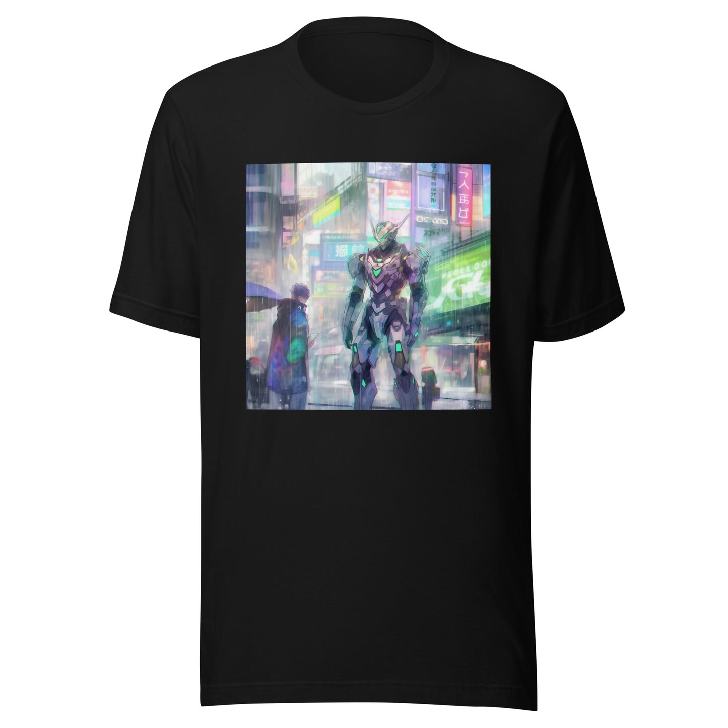 Meca City Scape Pastel anime Rain Neon Uv Grey Cloak Boy Unisex Tee