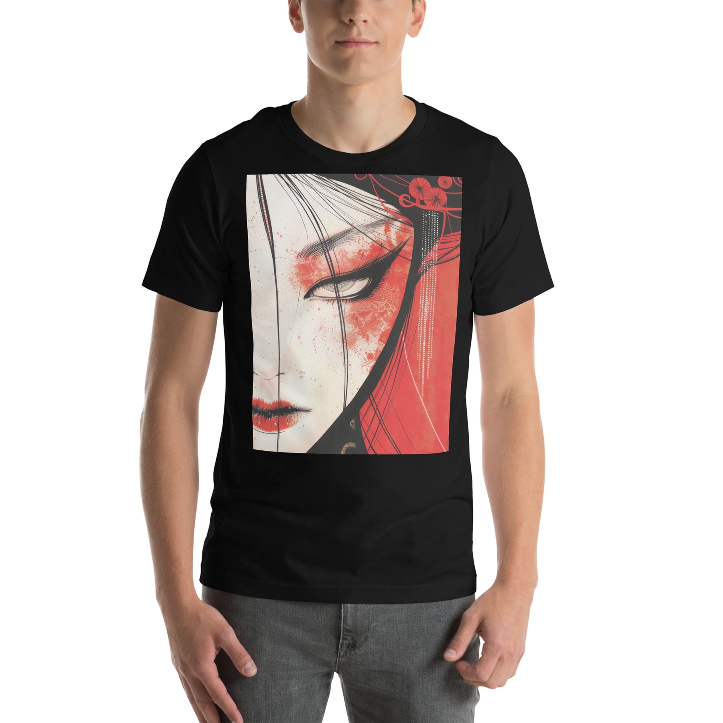 Red Face Geisha Stark Anime Yokai Close up Profile Unisex Tee
