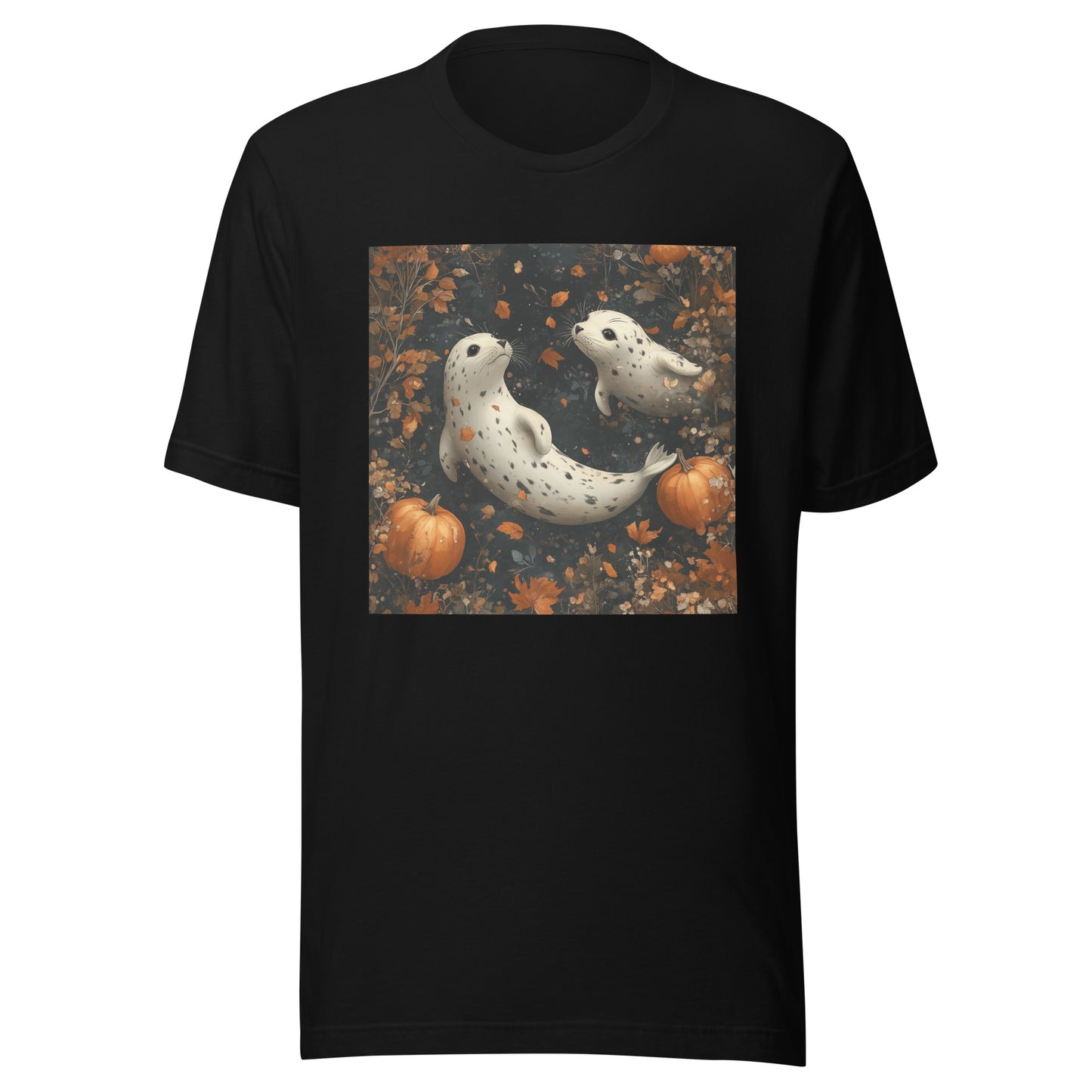 Fall Spotted Seal Couple Falling in Pumpkin Moon Sky Unisex t-shirt