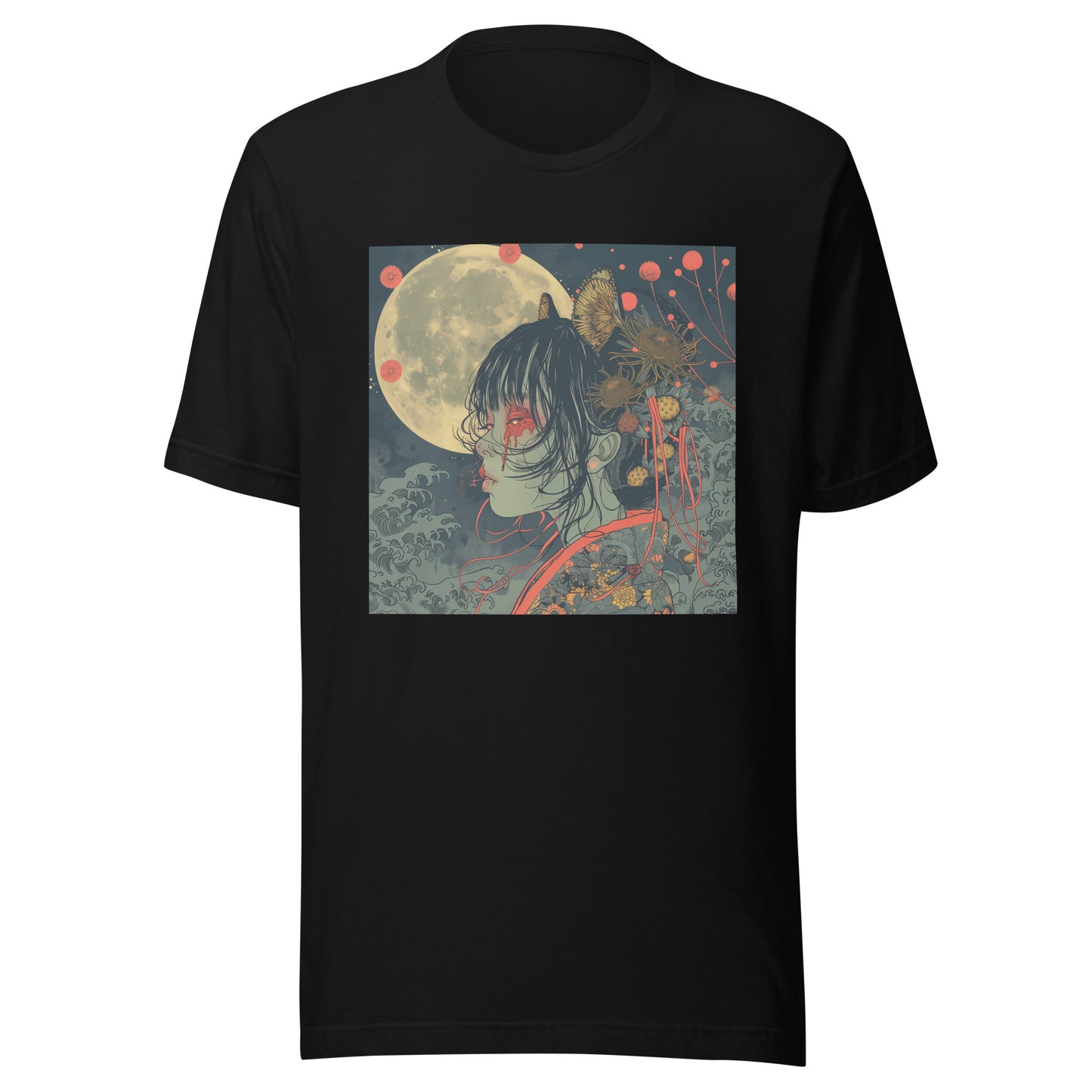 Teal Grey Moon Lady Floral Anime Waves Unisex Tee
