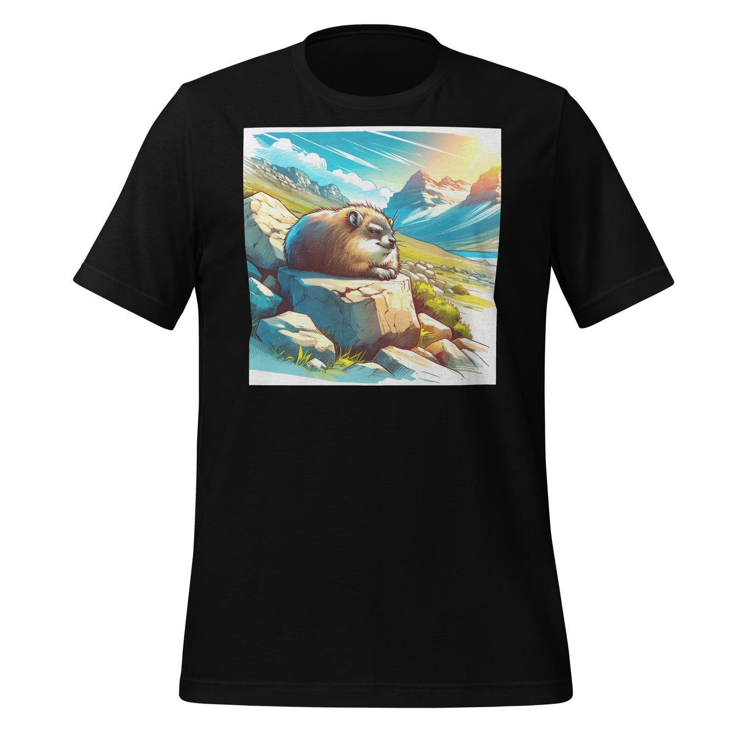 Blue Skies Anime Hyrax Unisex Tee – Soft Bella+Canvas T-Shirt with Cloudy Rockscape Art