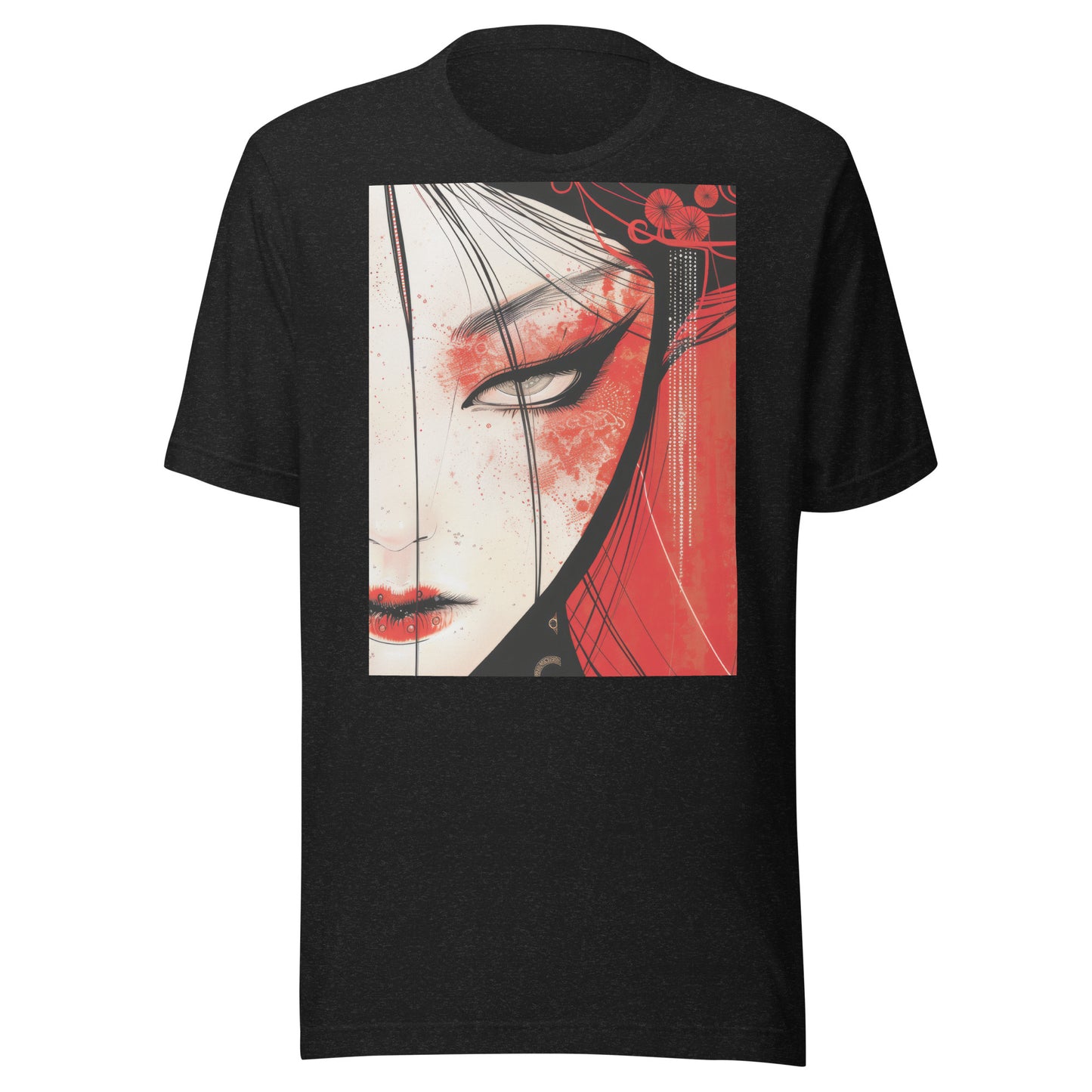 Red Face Geisha Stark Anime Yokai Close up Profile Unisex Tee