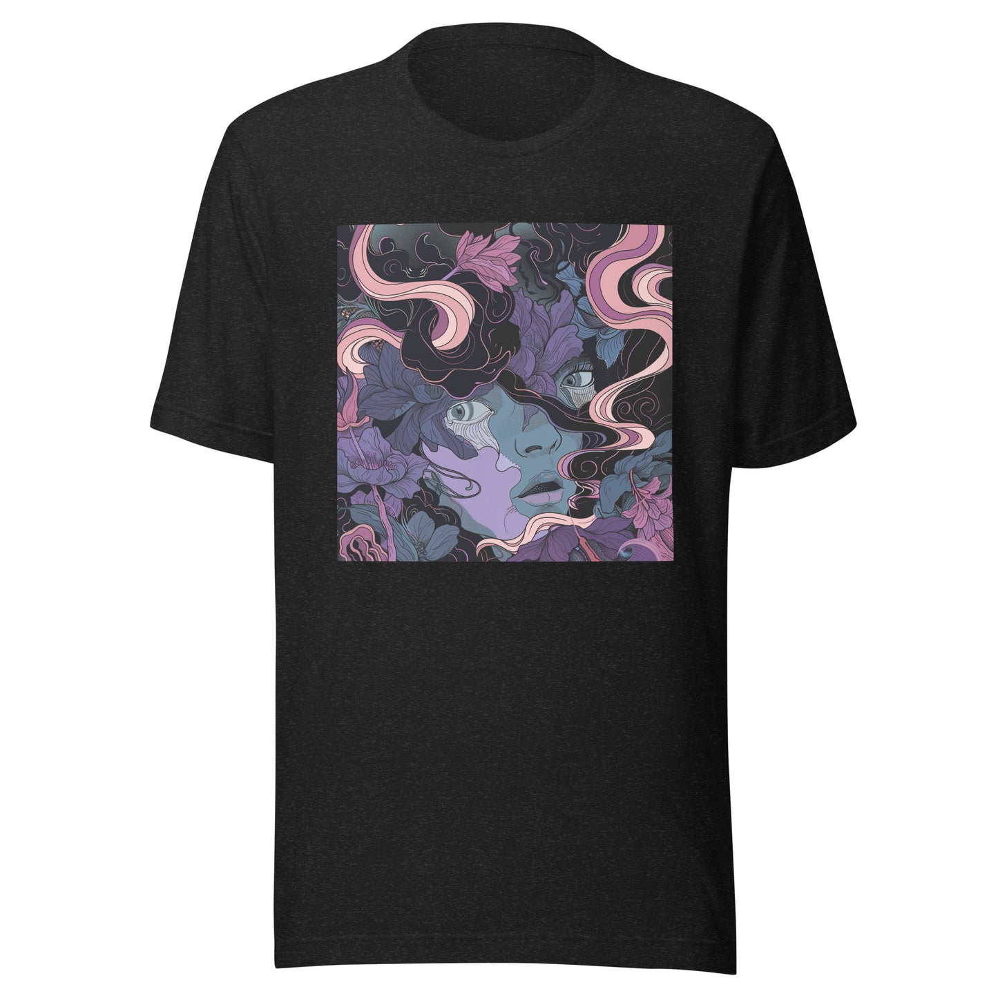 Black Purple Floral Swirl Leaf Face Unisex Tee