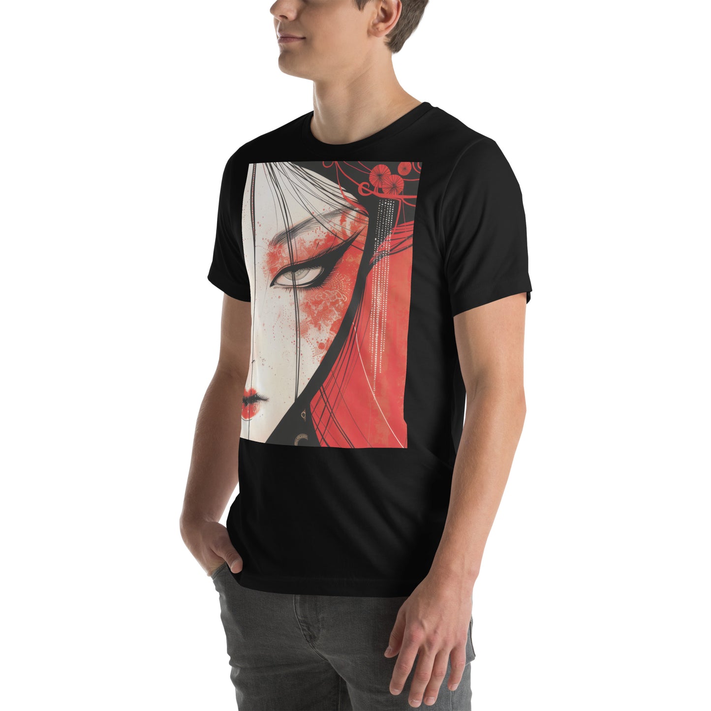 Red Face Geisha Stark Anime Yokai Close up Profile Unisex Tee