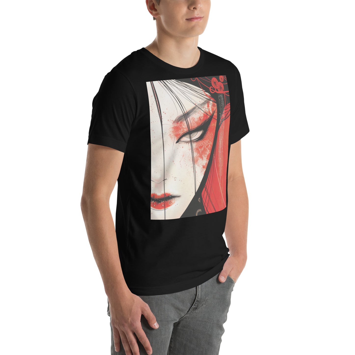 Red Face Geisha Stark Anime Yokai Close up Profile Unisex Tee