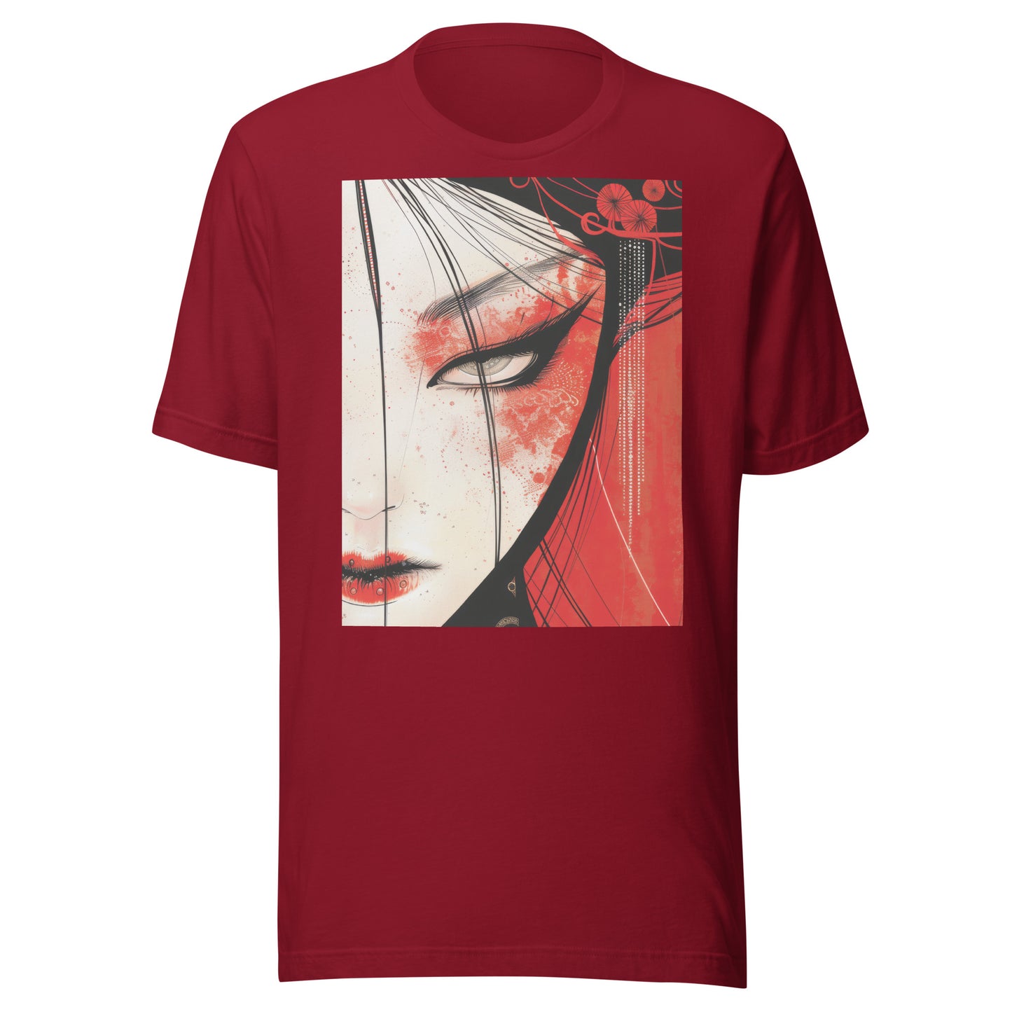 Red Face Geisha Stark Anime Yokai Close up Profile Unisex Tee
