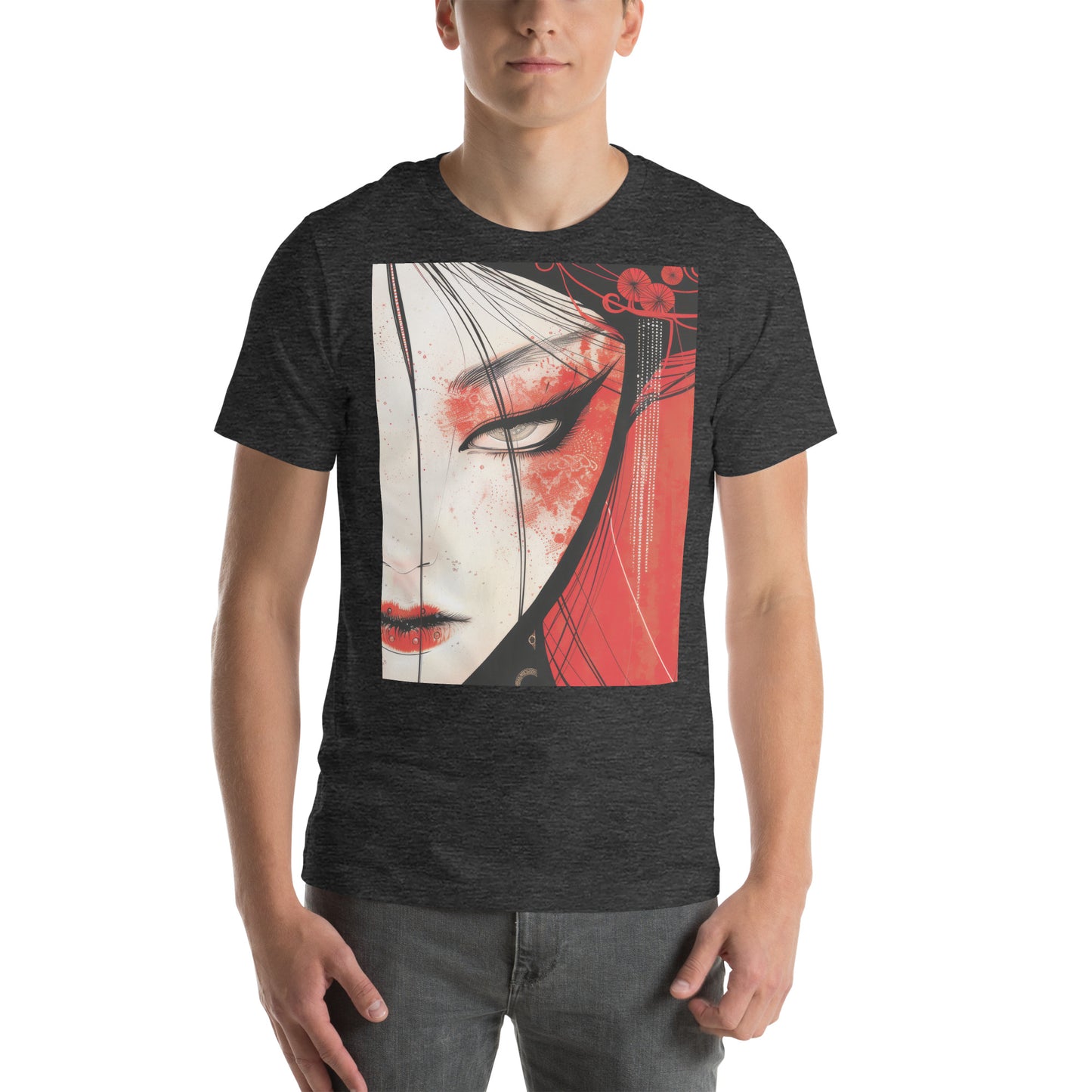 Red Face Geisha Stark Anime Yokai Close up Profile Unisex Tee