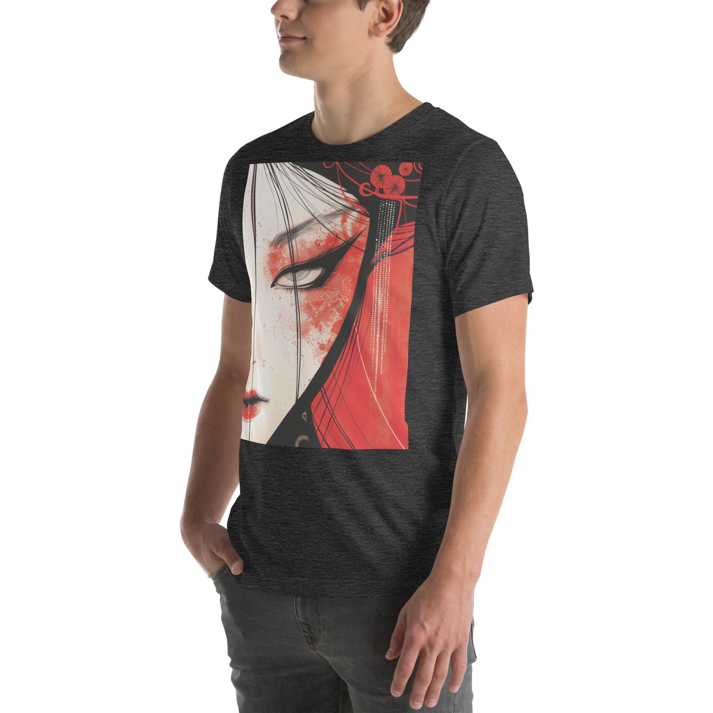 Red Face Geisha Stark Anime Yokai Close up Profile Unisex Tee