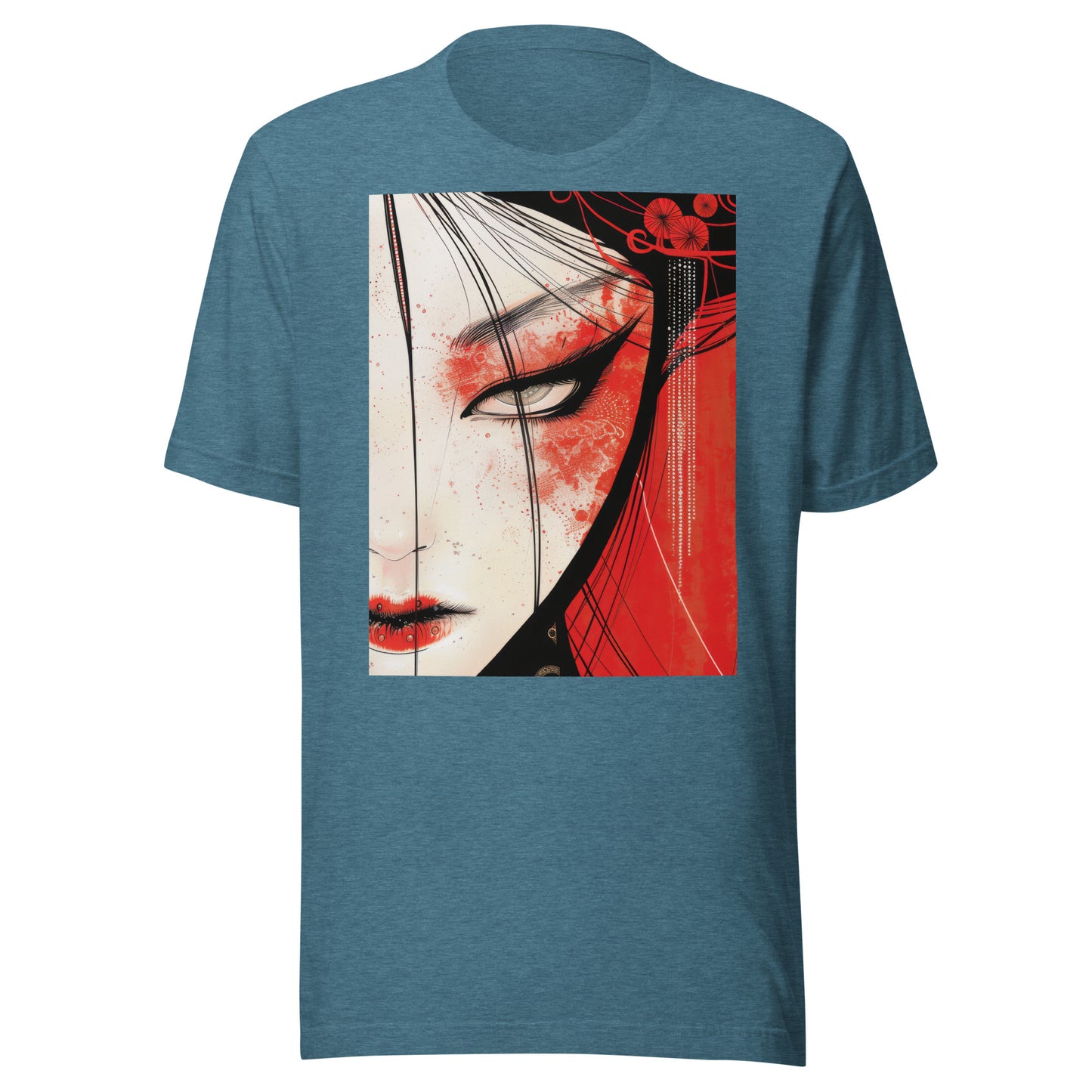 Red Face Geisha Stark Anime Yokai Close up Profile Unisex Tee