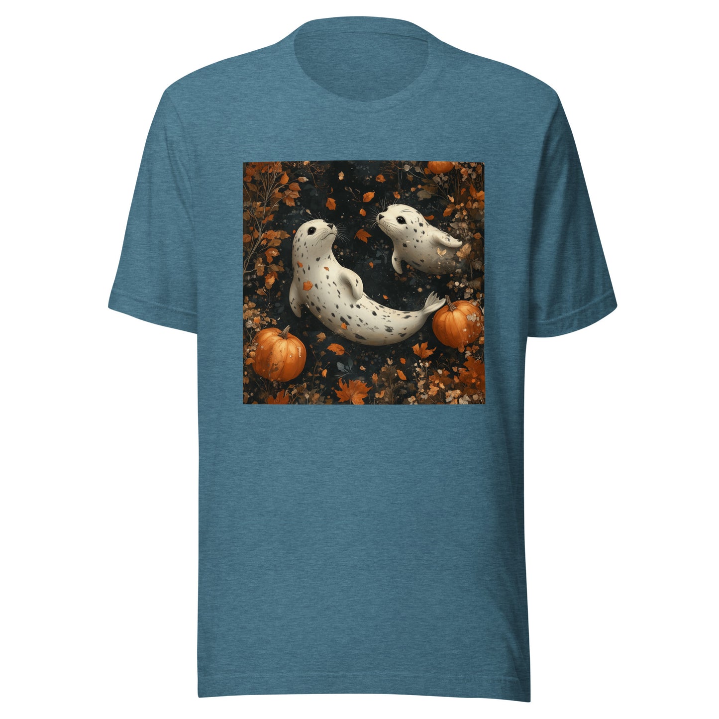 Fall Spotted Seal Couple Falling in Pumpkin Moon Sky Unisex t-shirt