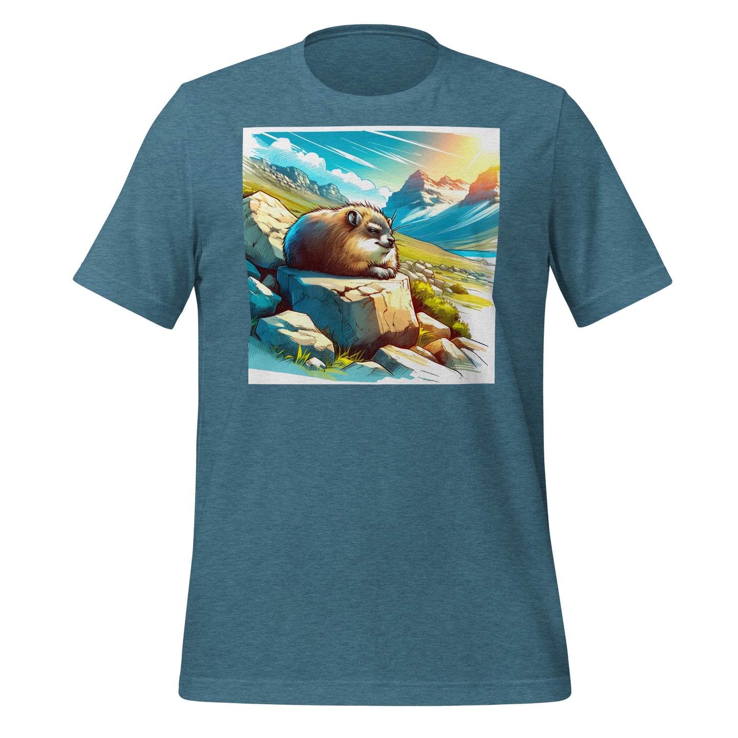 Blue Skies Anime Hyrax Unisex Tee – Soft Bella+Canvas T-Shirt with Cloudy Rockscape Art