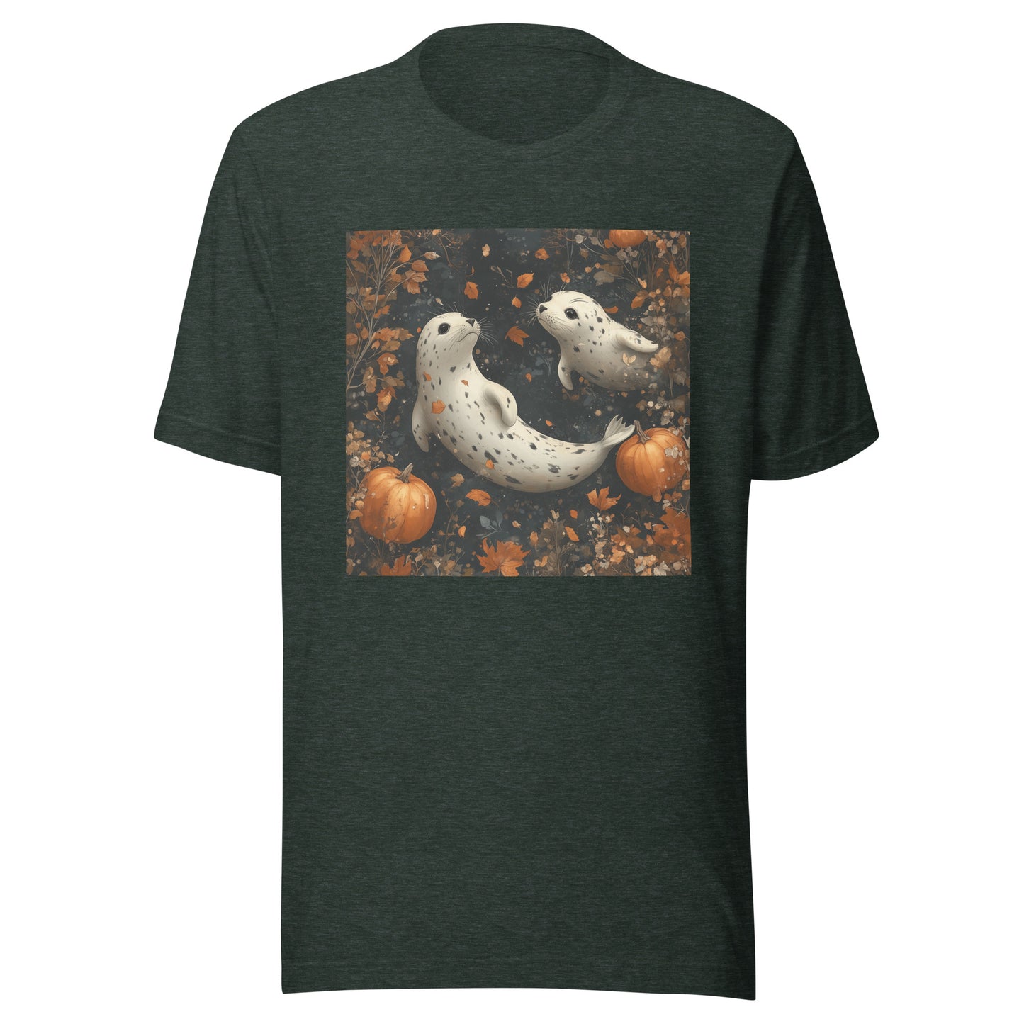 Fall Spotted Seal Couple Falling in Pumpkin Moon Sky Unisex t-shirt