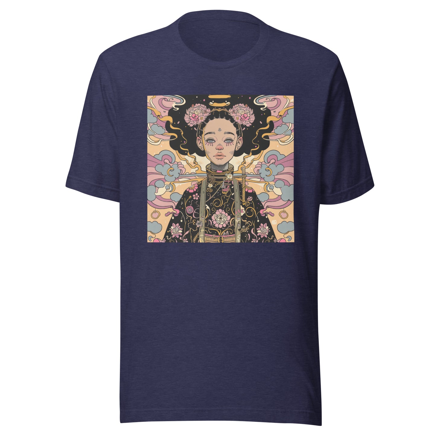 Afro-Japan Kimono Floral Unisex Tee – Beige & Pink Graphic T-Shirt on Soft Bella+Canvas Cotton