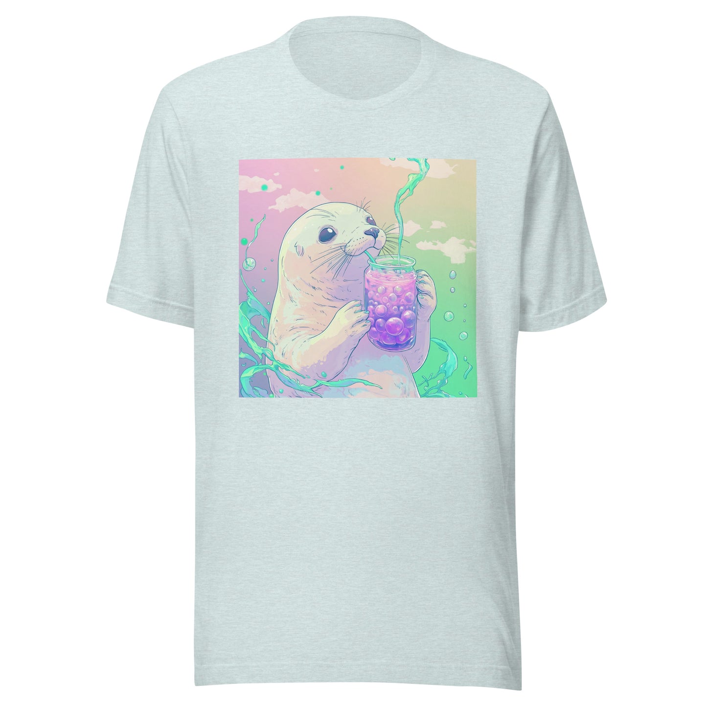 Pastel Mint Pink Baby Haarp Seal Boba Tea Unisex Tee Shirt