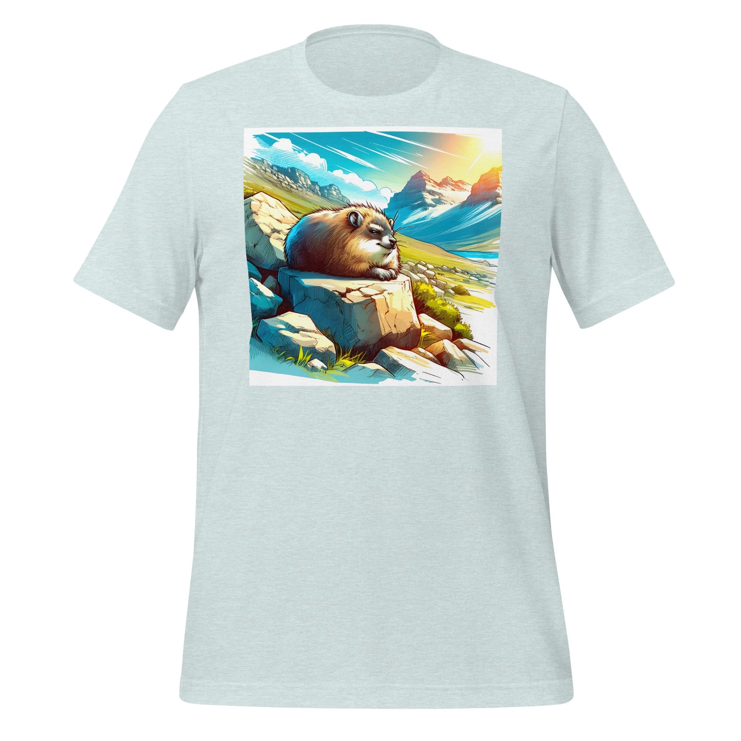 Blue Skies Anime Hyrax Unisex Tee – Soft Bella+Canvas T-Shirt with Cloudy Rockscape Art