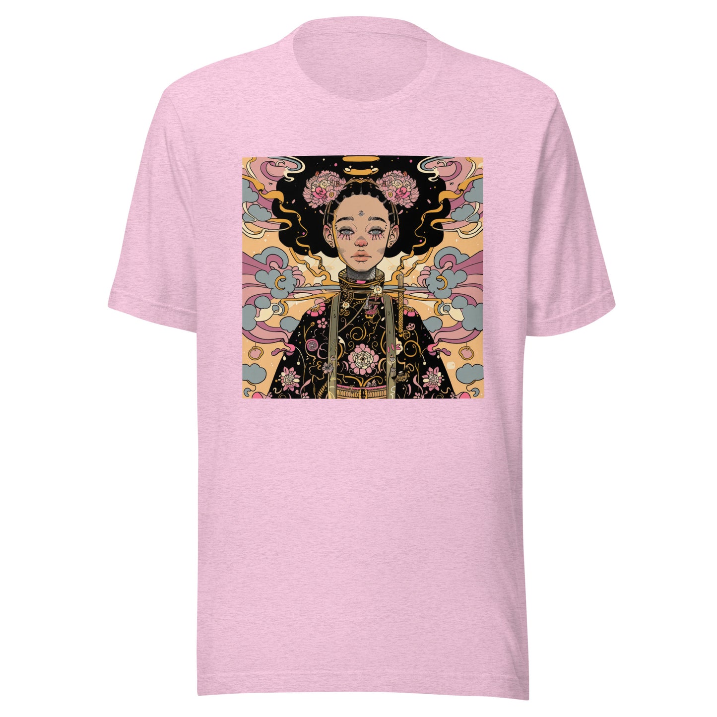 Afro-Japan Kimono Floral Unisex Tee – Beige & Pink Graphic T-Shirt on Soft Bella+Canvas Cotton